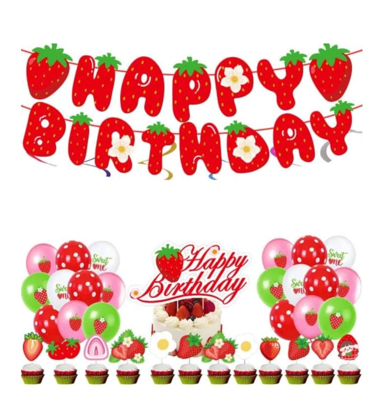 Nenluny Strawberry Happy Birthday Banner Strawberry Cake Toppers Strawberry Balloons Cupcake Toppers for Berry Sweet Birthday Party Decorations - Buy Online on GoSupps.com
