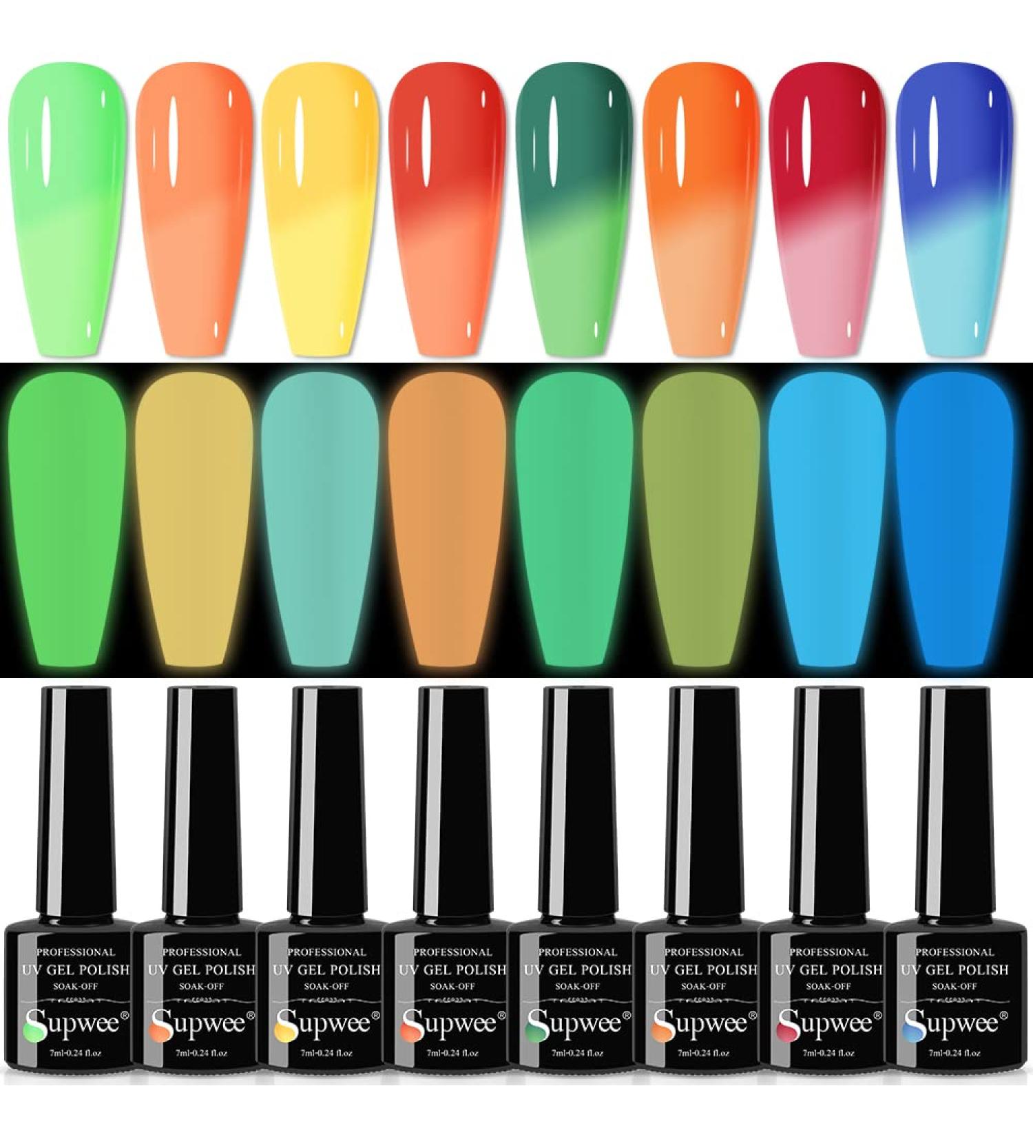 Glow in the Dark Gel Nail Polish Set - Neon Colors for Summer & Halloween | 8 x 7ml Fluorescent Mood Changing Polish - Buy Online on GoSupps.com