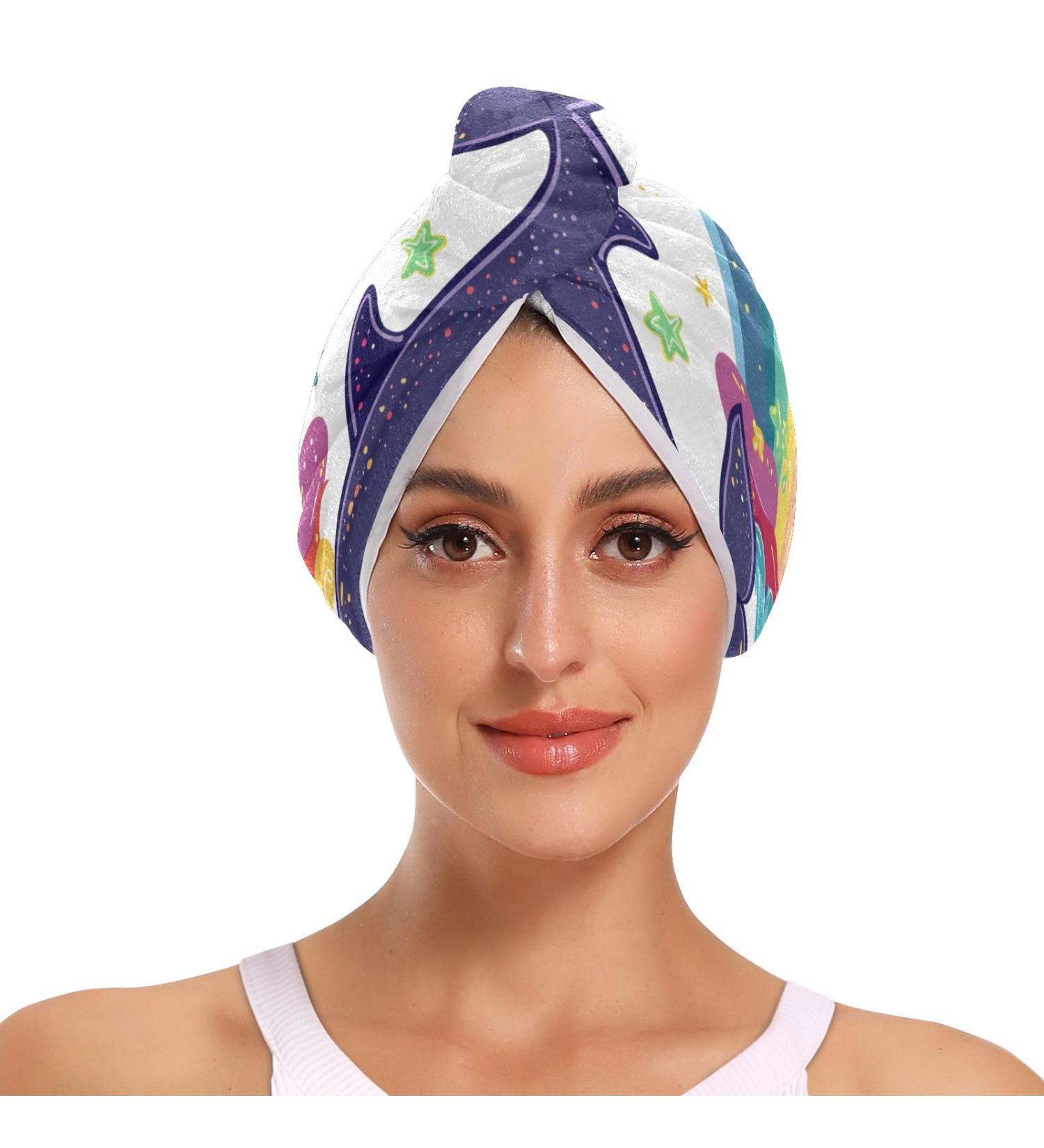 Cartoon Whale Star Cloud Rainbow Hair Towel 2 Pack - Super Absorbent Quick Dry Turbans for Women & Girls - Buy Online on GoSupps.com
