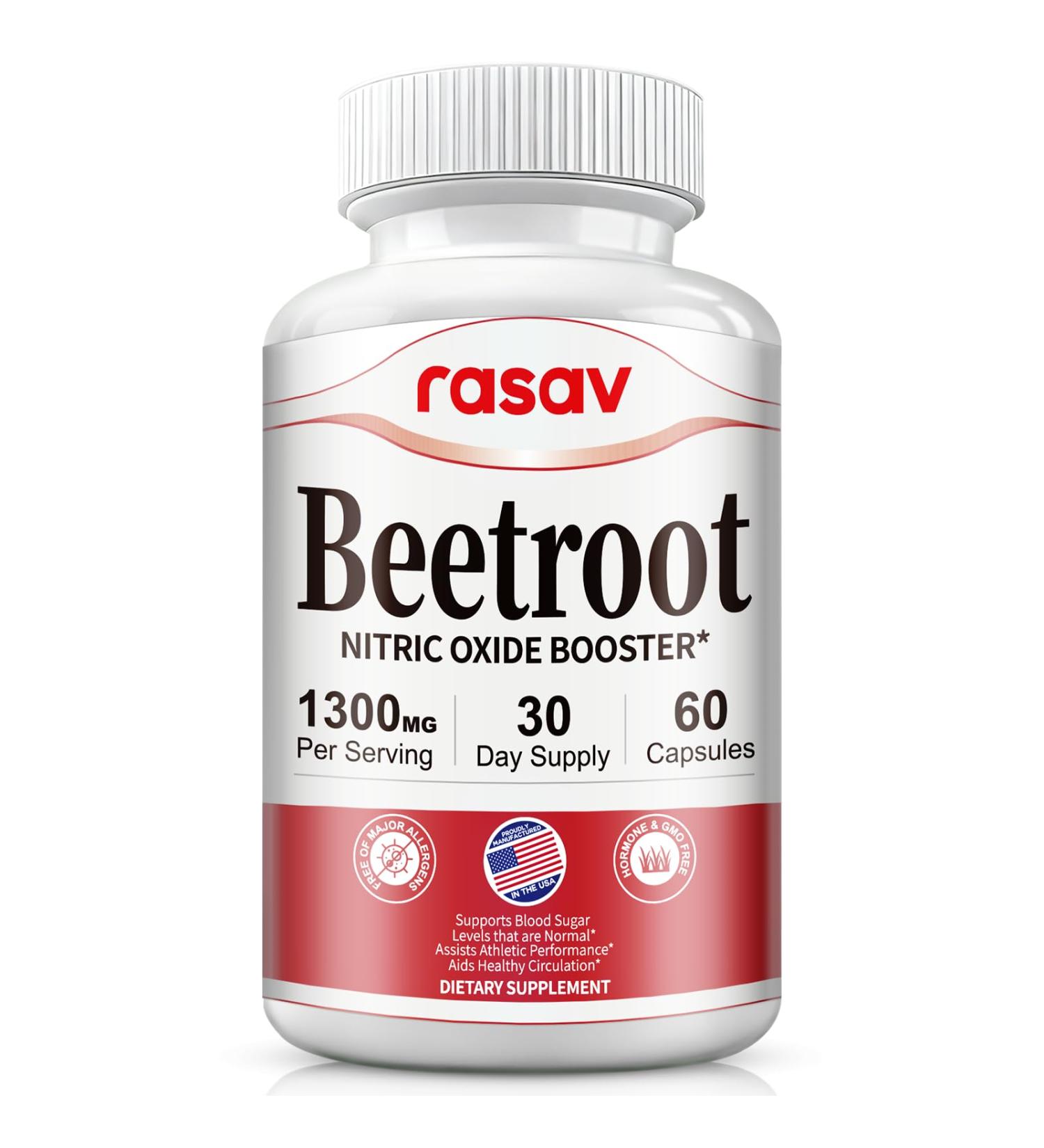 Rasav Beet Root Capsules - 1300mg Beet Root Powder Helps Support Nitric Oxide Production, Blood Flow, Blood Circulation & Energy, Non-GMO, Beet Supplement - 60 Capsules, 30-Day Supply 60 Count (Pack of 1) - Buy Online on GoSupps.com