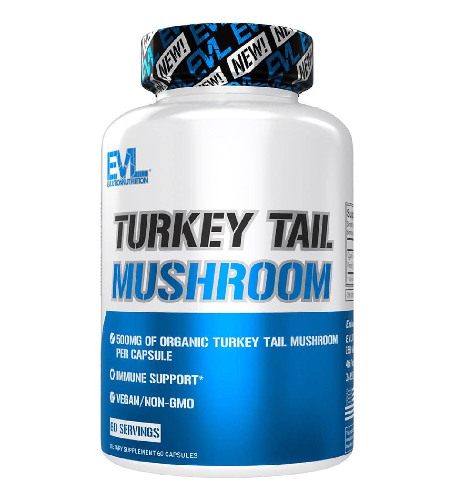 Evlution Nutrition Turkey Tail Mushroom - 500mg Organic Turkey Tail Mushroom per Capsule - Immune Support - Dietary Supplement - Vegan & Non-GMO - 60 Servings - 60 Capsules - Buy Online on GoSupps.com