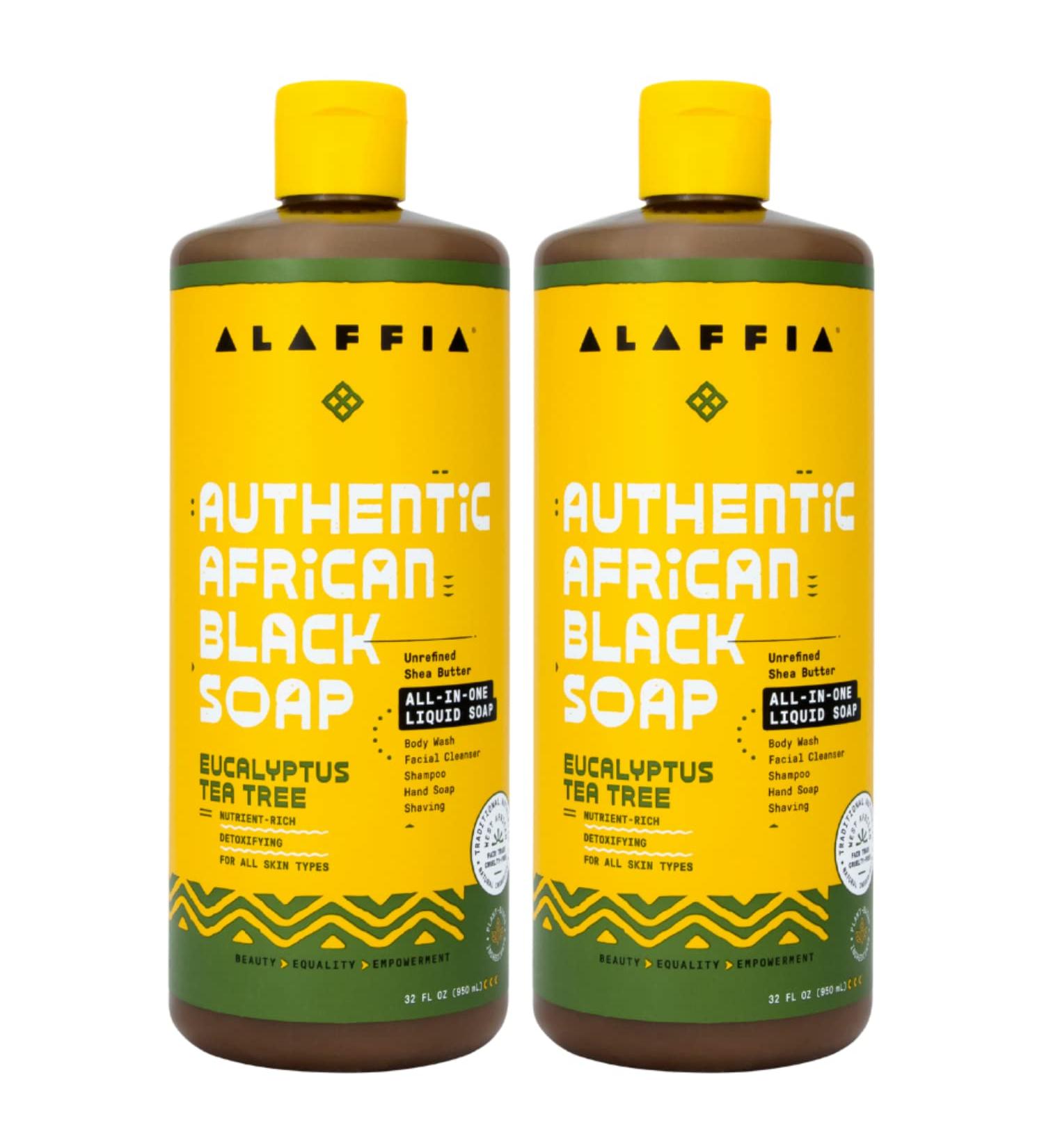 Alaffia Authentic African Black Soap 32 Fl Oz 2-Pack with Fair Trade Shea Butter - All-in-One Body Wash, Face Wash, Shampoo & Shaving Soap - Eucalyptus Tea Tree Infused - Buy Online on GoSupps.com
