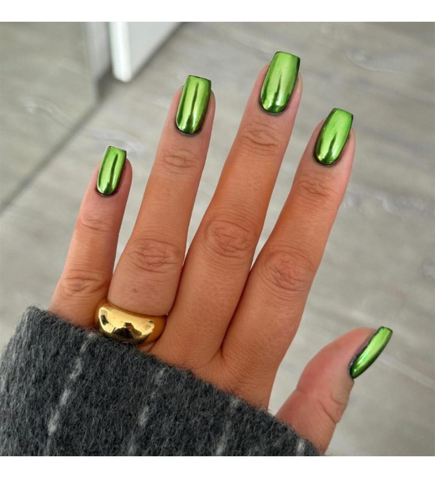 Mirror Metal Green Press On Nails - Medium Short Square Chrome Glazed Gel Nails | Reusable Thick Acrylic Nails for Women - Buy Online on GoSupps.com