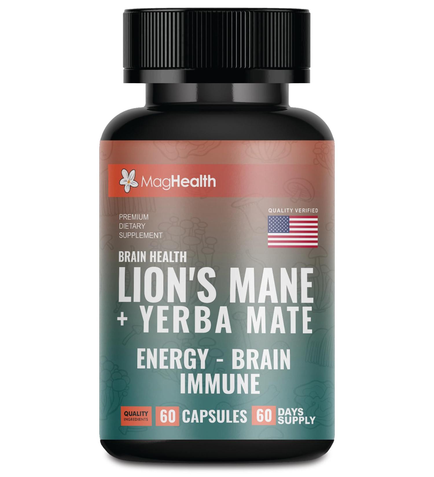 Lion's Mane & Yerba Mate Capsules 4-in-1 Nootropic Supplement | Organic Lion s Mane Mushroom for Focus, Clean Energy (75mg Caffeine) + Ashwagandha & Black Pepper | 60 Day Supply - Buy Online on GoSupps.com