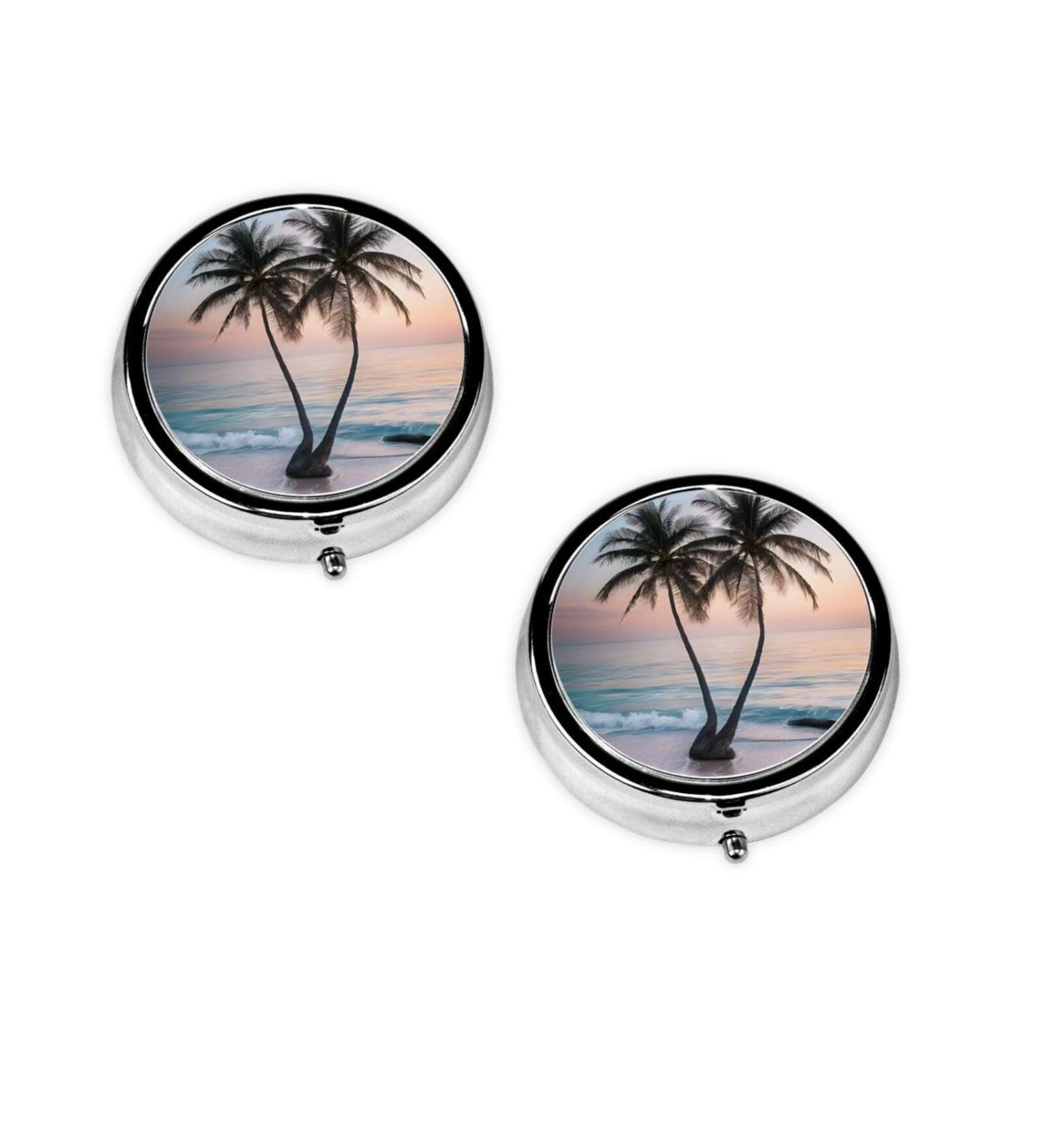 Sunrise Tropical Palm Tree Mini Round Pill Box | 3 Compartment Travel Pill Organizer | Portable Medicine Case for Home & Office - Buy Online on GoSupps.com