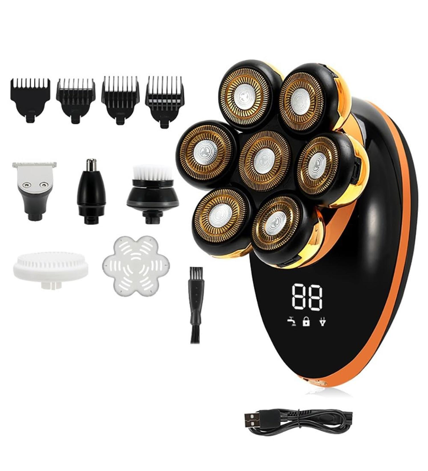 Buy 5 in 1 7D Rechargeable Head Shaver for Men - Golden Electric Razor Kit with USB & LED Display for Beard Ear Nose Hair Trimming - International Shipping Available - Buy Online on GoSupps.com