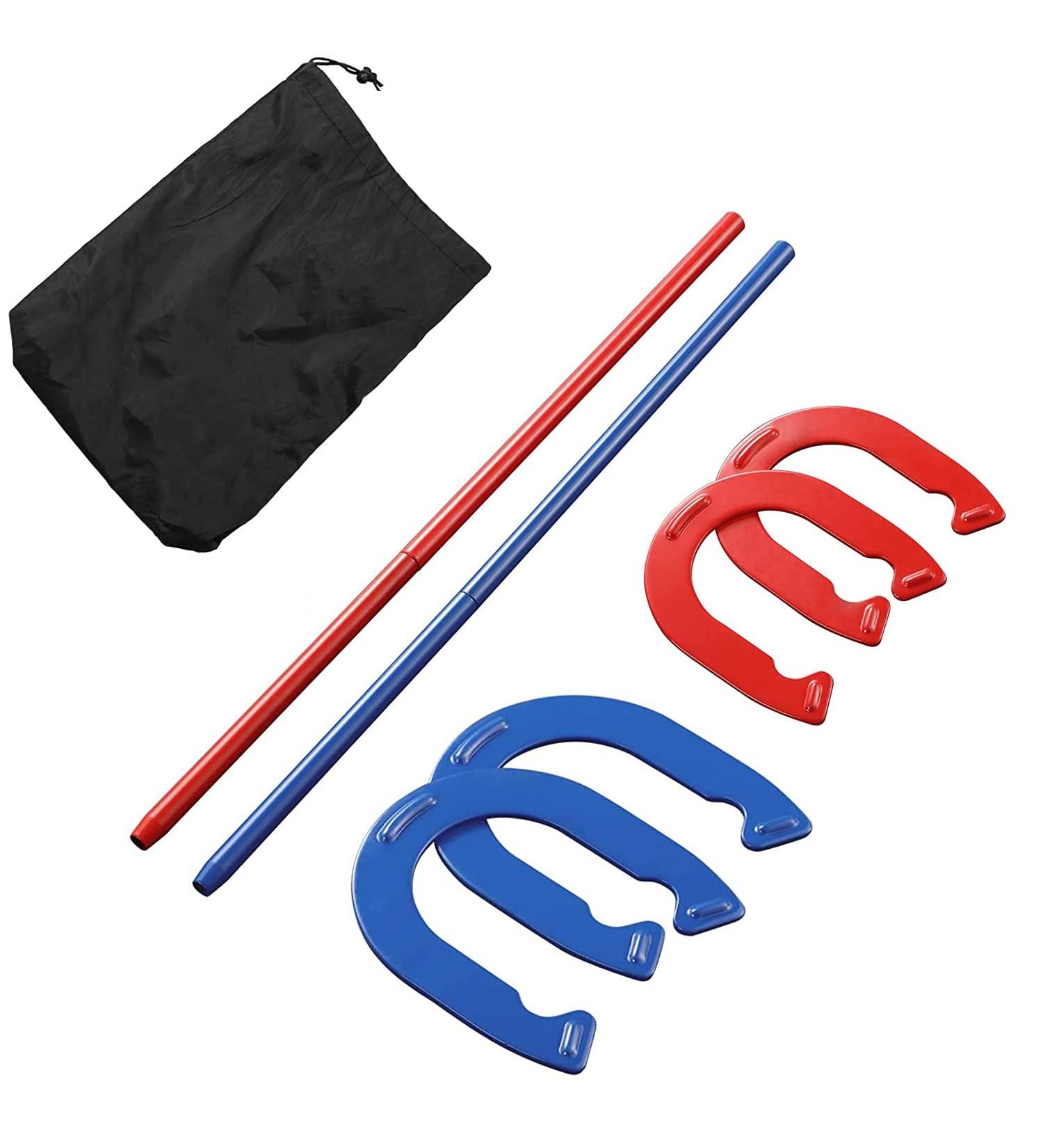 Horseshoe Outside Game Set - Complete with 4 Horseshoes, 2 Stakes - Blue and Red Colors - Perfect for Parties and Outdoor Gatherings - Buy Online on GoSupps.com