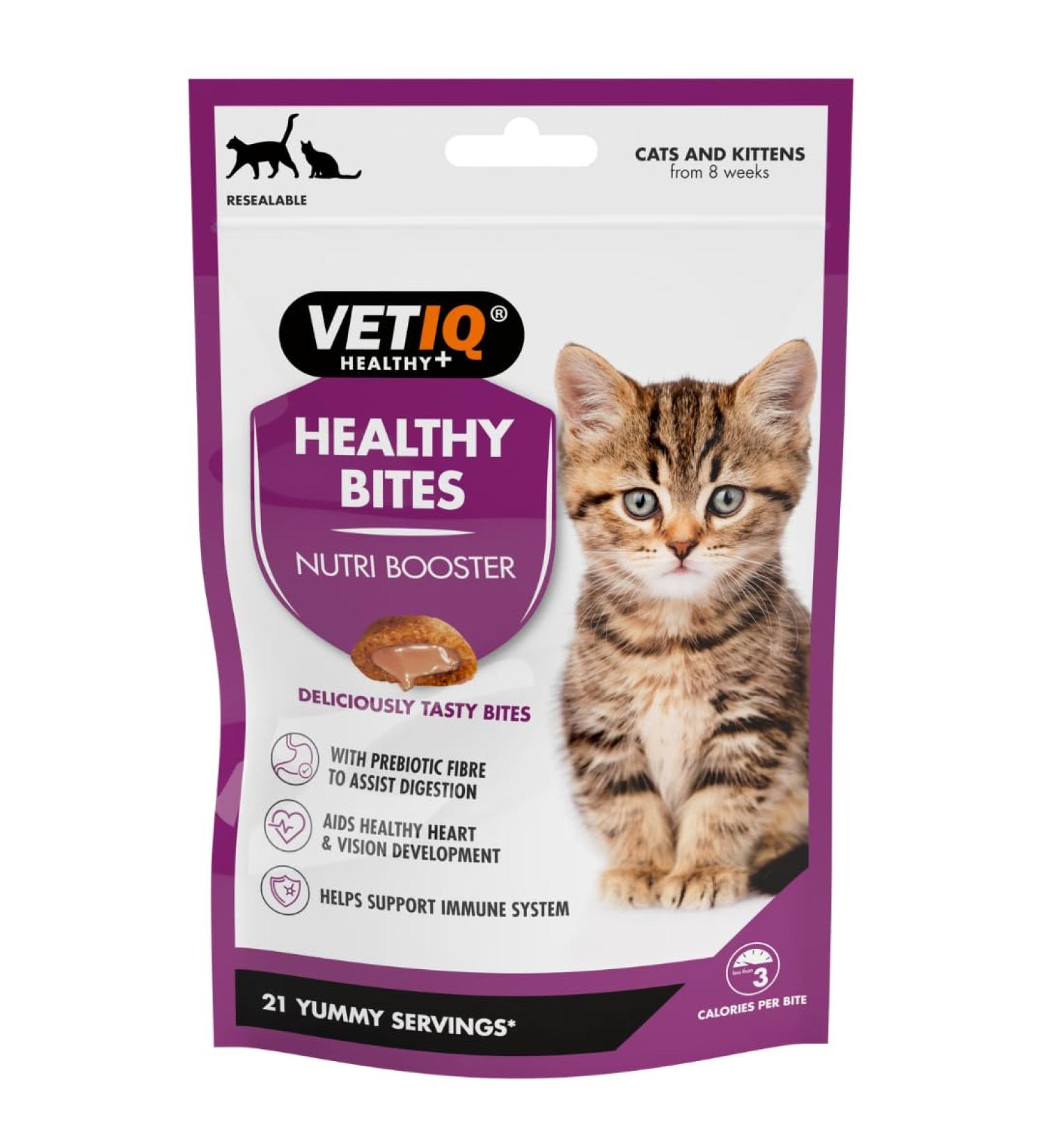 VetIQ HealthyBites Nutri-Booster Cat Treats 8x 65g Cat Supplements Packed with Vitamins Minerals & Amino Acids Immune System Support High Meat Content Omega-3 Cat & Kitten Health - Buy Online on GoSupps.com