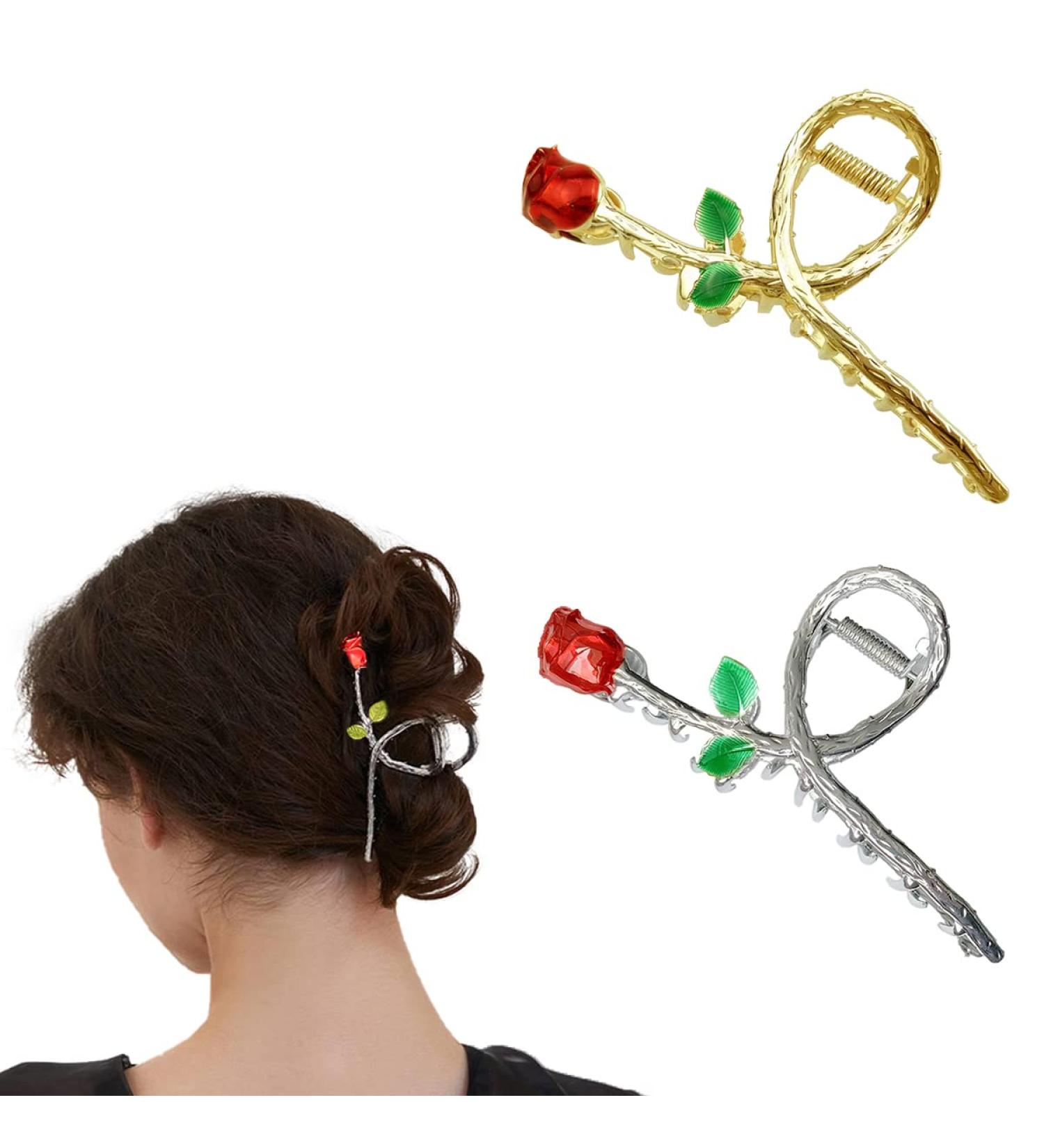 2 Pack Rose Flower Metal Hair Claw Clips - Pearl Hair Jaw Clips for Women and Girls - Buy Online on GoSupps.com