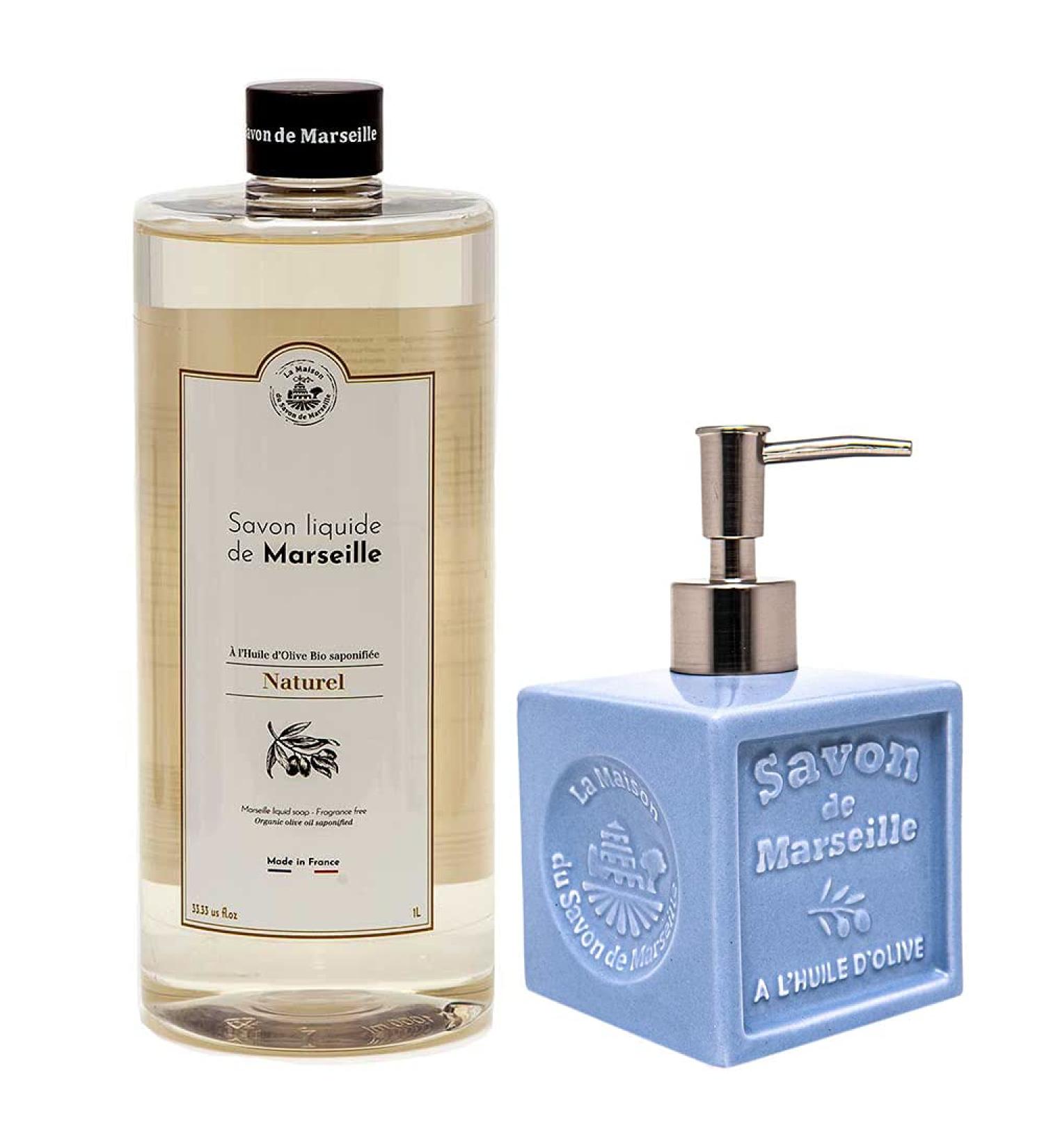 Maison Du Savon De Marseille Natural liquid soap with blue ceramic soap dispenser 1 liter refill and 300 milliliter dispenser - Buy Online on GoSupps.com