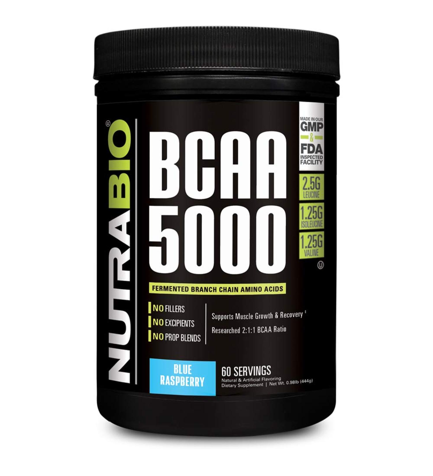 NutraBio BCAA 5000 Powder - Vegan Fermented BCAAs for Lean Muscle Growth & Recovery - Blue Raspberry Flavor, Zero Fat, Sugar, Carbs - 60 Servings - Buy Online on GoSupps.com
