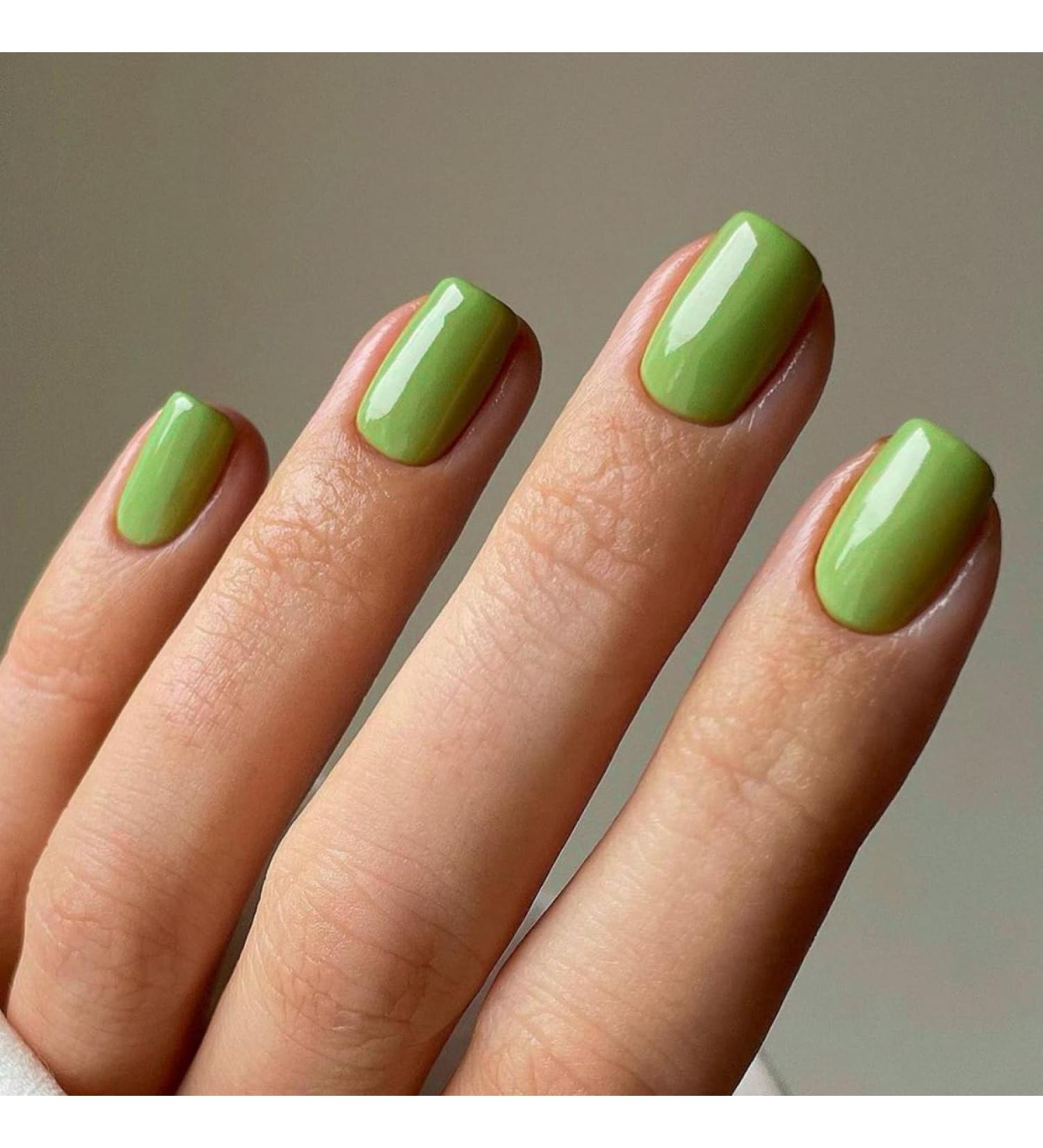 Justotry 24 pieces Sage green nails to stick on short single -color angular press on nails design glossy artificial nails fake nails French square fingernails artificial nails for women 26 green & solid8