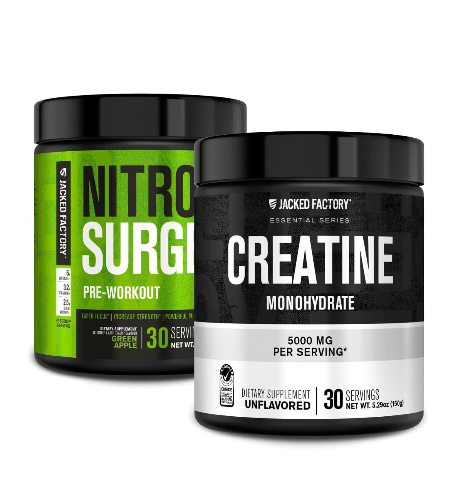 Jacked Factory NITROSURGE Pre Workout Supplement (Green Apple 30 Servings) & Creatine Monohydrate Powder (Unflavored 30 Servings) - Buy Online on GoSupps.com