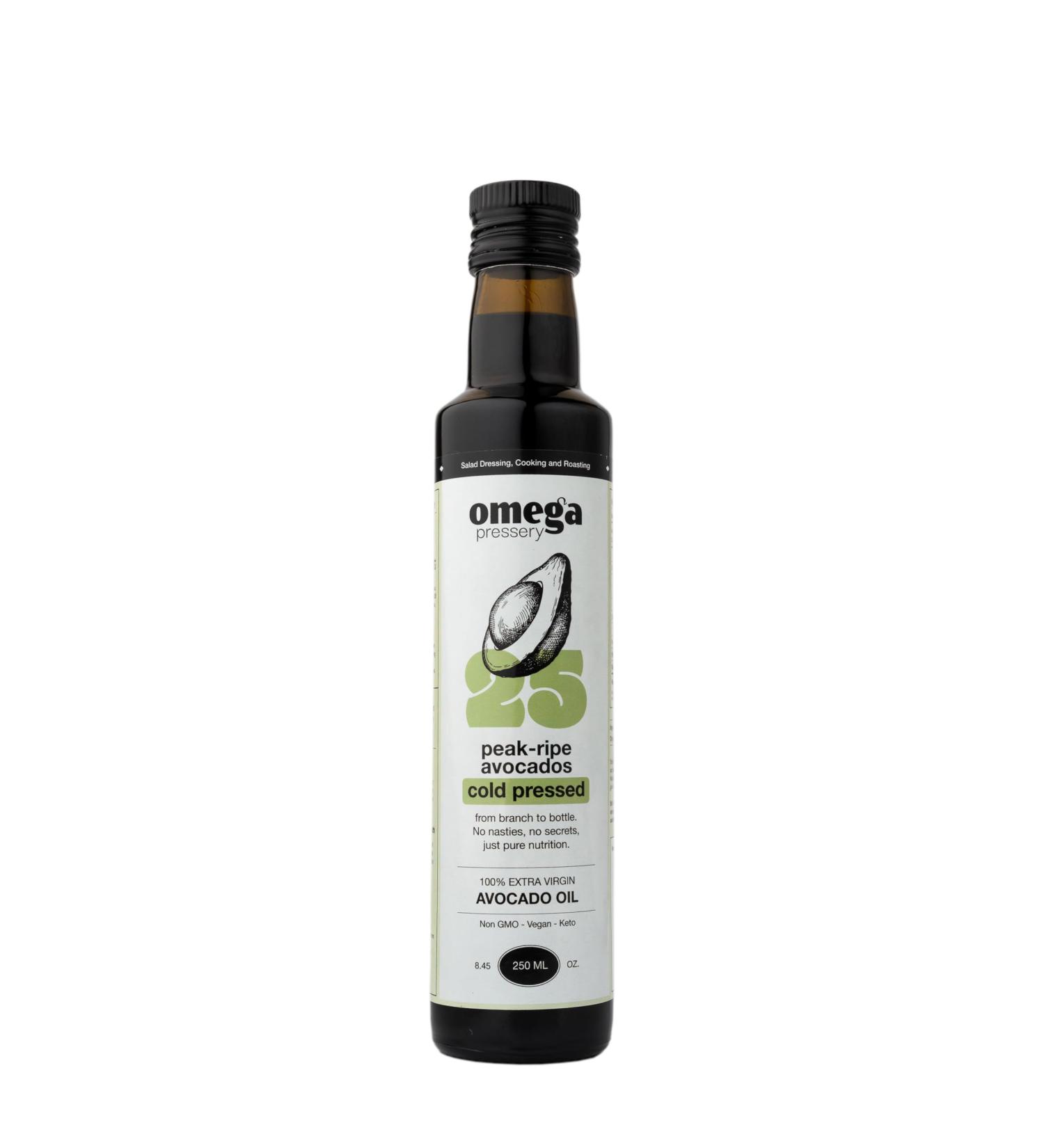 Omega Pressery Extra Virgin Avocado Oil - 250ml | Cold Pressed Unrefined Unblended | Bottled in UK | 100% Natural & Pure Avocado Cooking Oil | Used for Cooking Salad Dressing & Roasting - Buy Online on GoSupps.com
