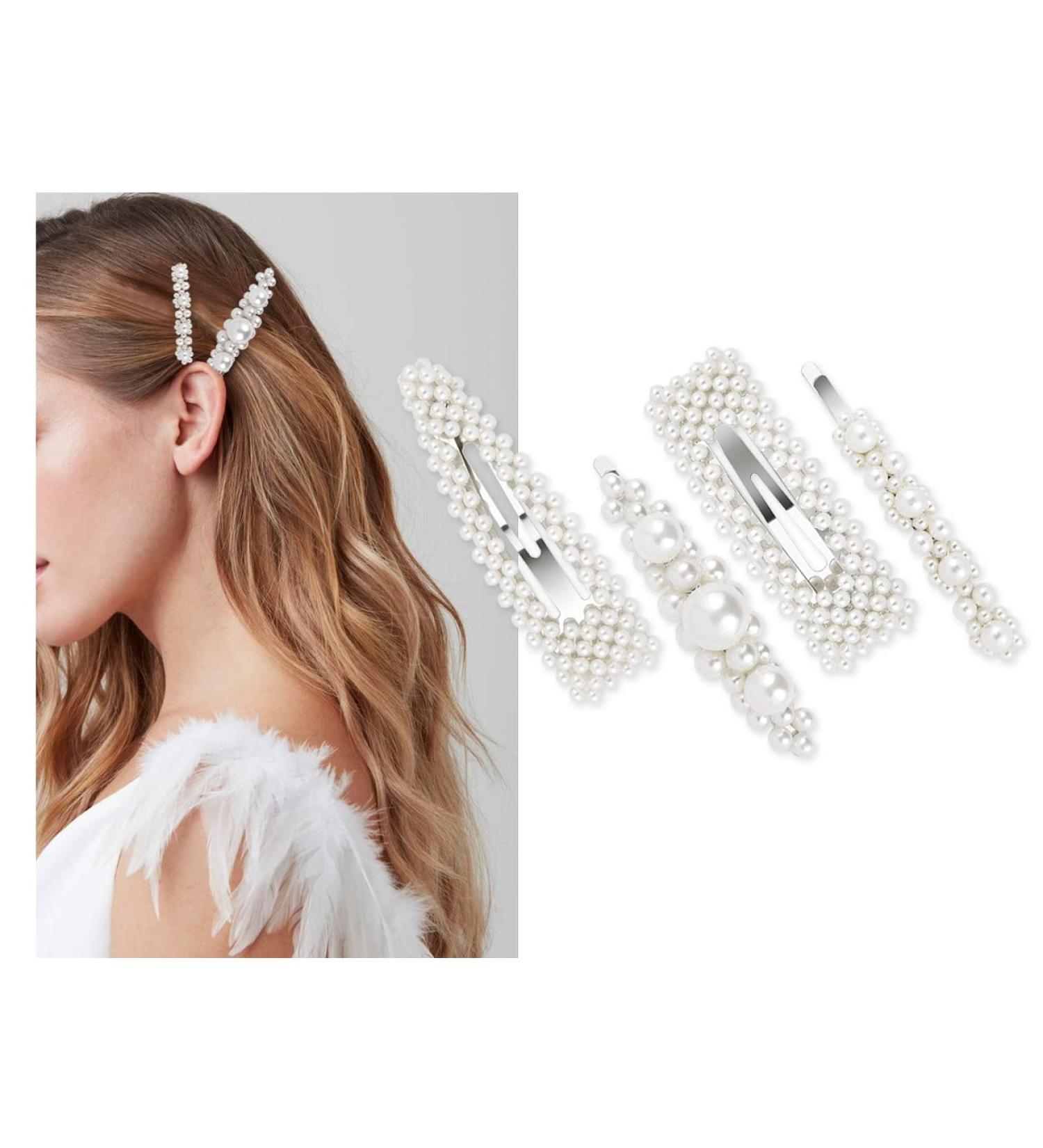 4 Piece Bridal Hair Barrettes with Artificial Pearls - Decorative Hair Pins - Buy Online on GoSupps.com