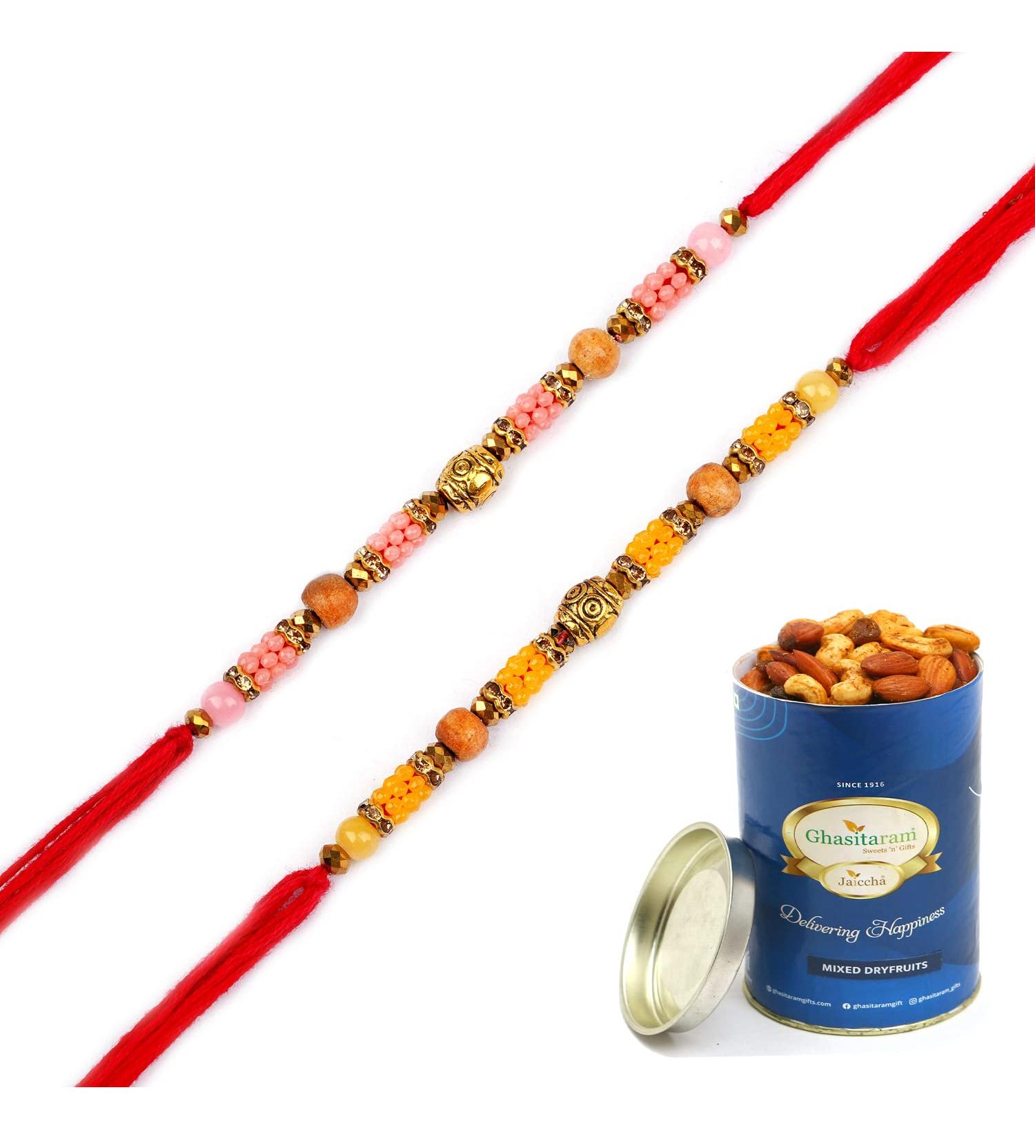 Ghasitaram Gifts Rakhi for Brother Rakhis Online - Set of 2-7090B Rakhis with 100 GMS of Dryfruits Mix Can Rakhi with 100 gms of Dryfruits Mix Can - Buy Online on GoSupps.com