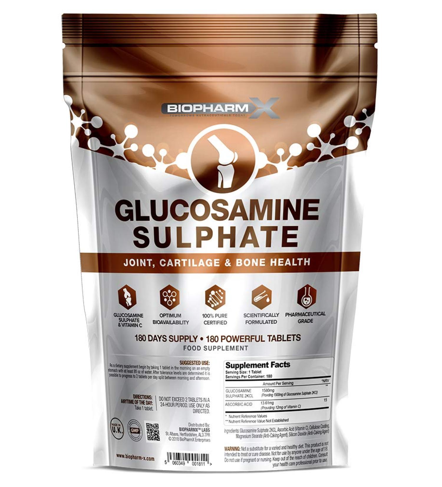 High Strength 1500mg Glucosamine Sulphate 2KCL + Vitamin C Tablets - 180 Count (6 Month Supply) - Buy Online on GoSupps.com