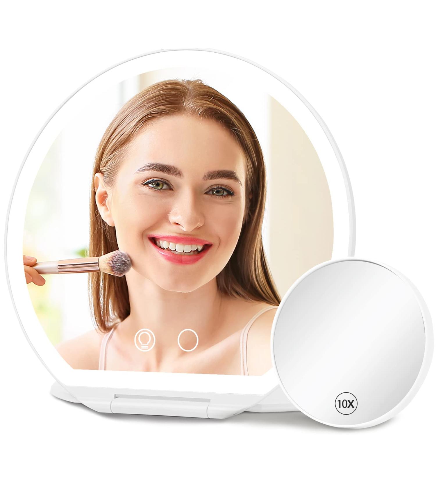 Fabuday Rechargeable Travel Makeup Mirror with Lights - Foldable & Lighted Cosmetic Mirror - 3 Color Lighting & Adjustable Brightness LEDs - Includes Bag - Buy Online on GoSupps.com