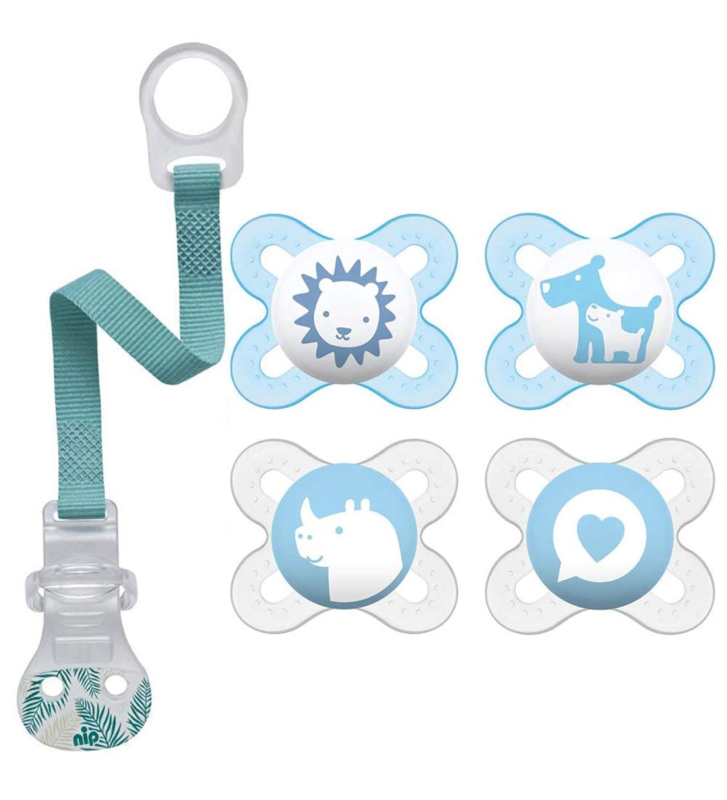 MAM Skin Soft Silicone Mini Pacifier Set for 0-2 Mo - Blue Colors | 4 Pacifiers & Sterilized Transport Boxes - Ideal for Babies - Buy Online on GoSupps.com