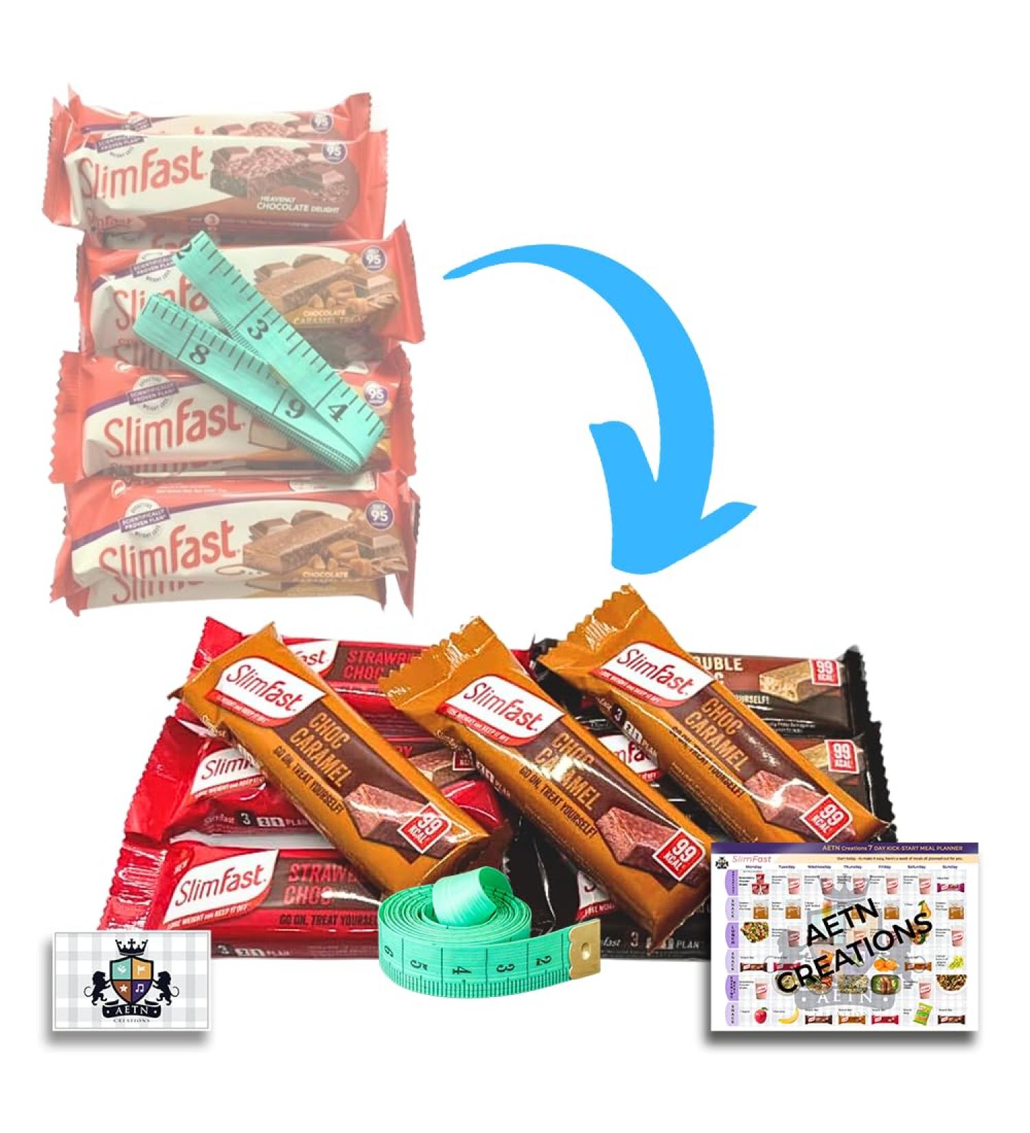 AETN Creations Slim Fast Meal Replacement Diet Snack Bars Ultimate Variety Box 24 Bars Each less than 100 Calories with the AETN waist tape measure - Buy Online on GoSupps.com