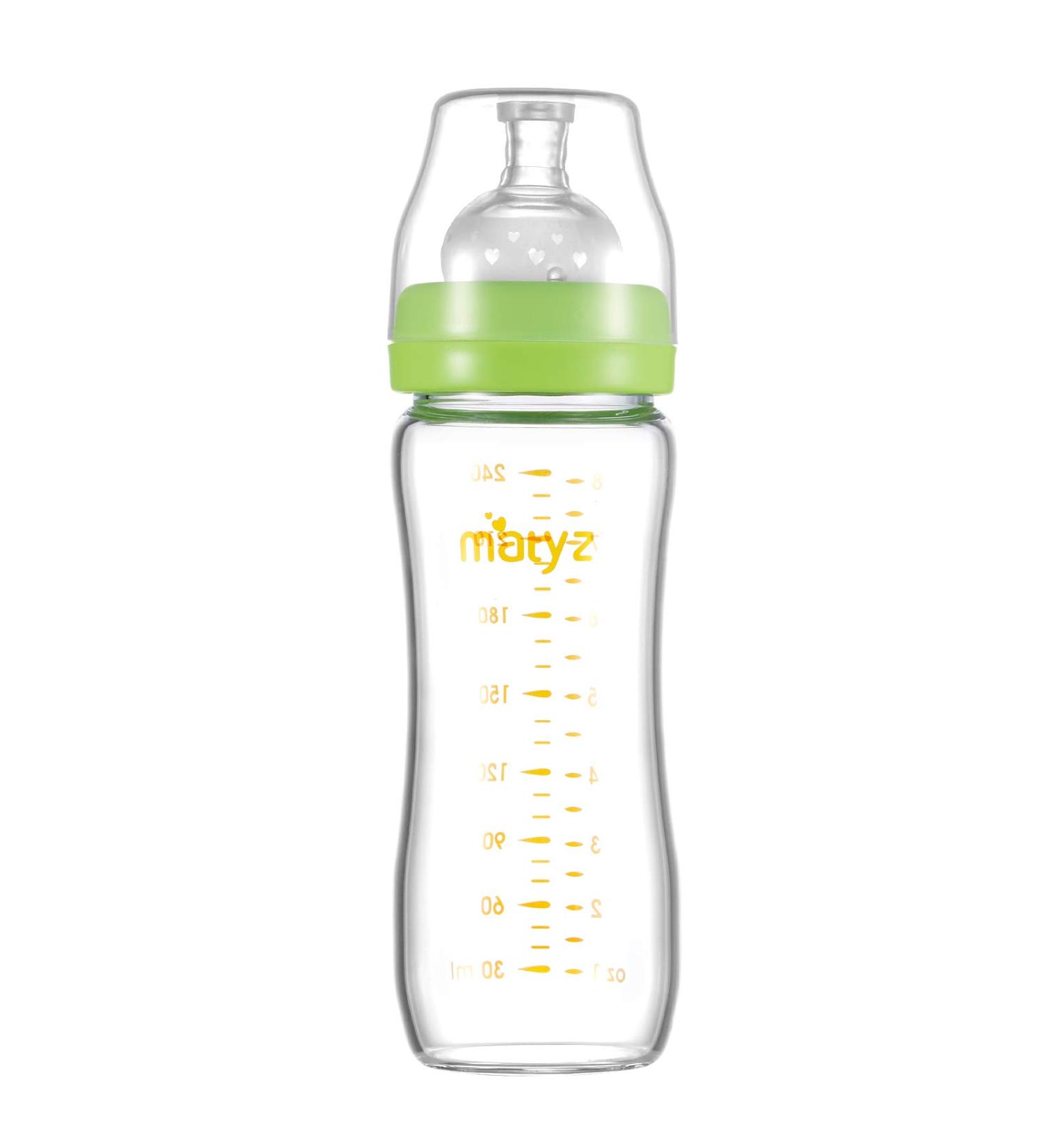 Matyz 8oz Glass Baby Feeding Bottle with Nipple - BPA Free, Easy to Hold & Clean - Green Lids - Wide Neck Breastmilk Bottle - Buy Online on GoSupps.com