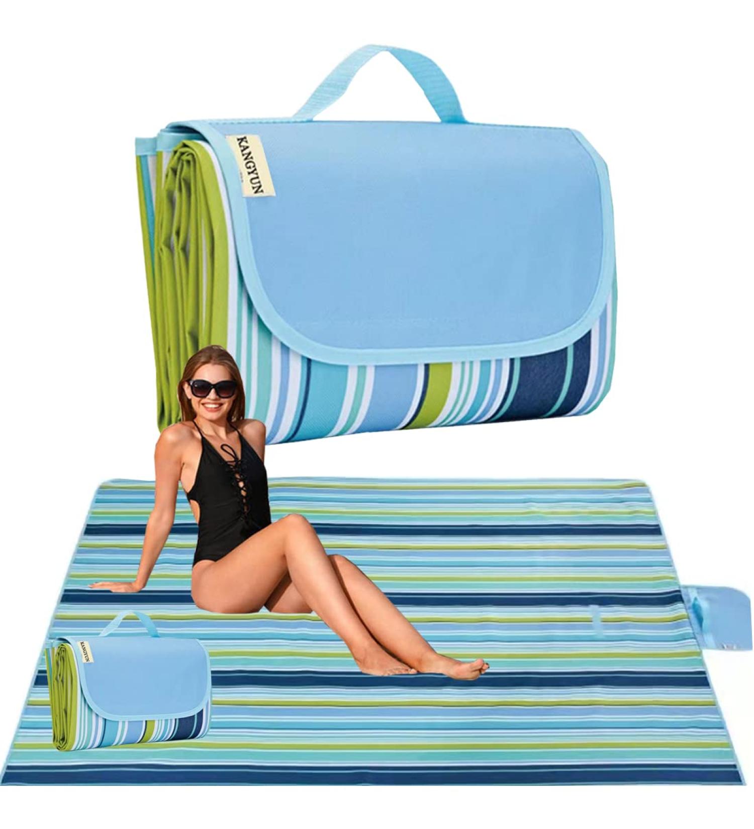 K Y KANGYUN Beach Blanket 80x60 - Waterproof & Sand Proof Outdoor Picnic Mat for Family, Park, Beach - Lightweight & Portable Camping Blanket (Blue Line) - Buy Online on GoSupps.com
