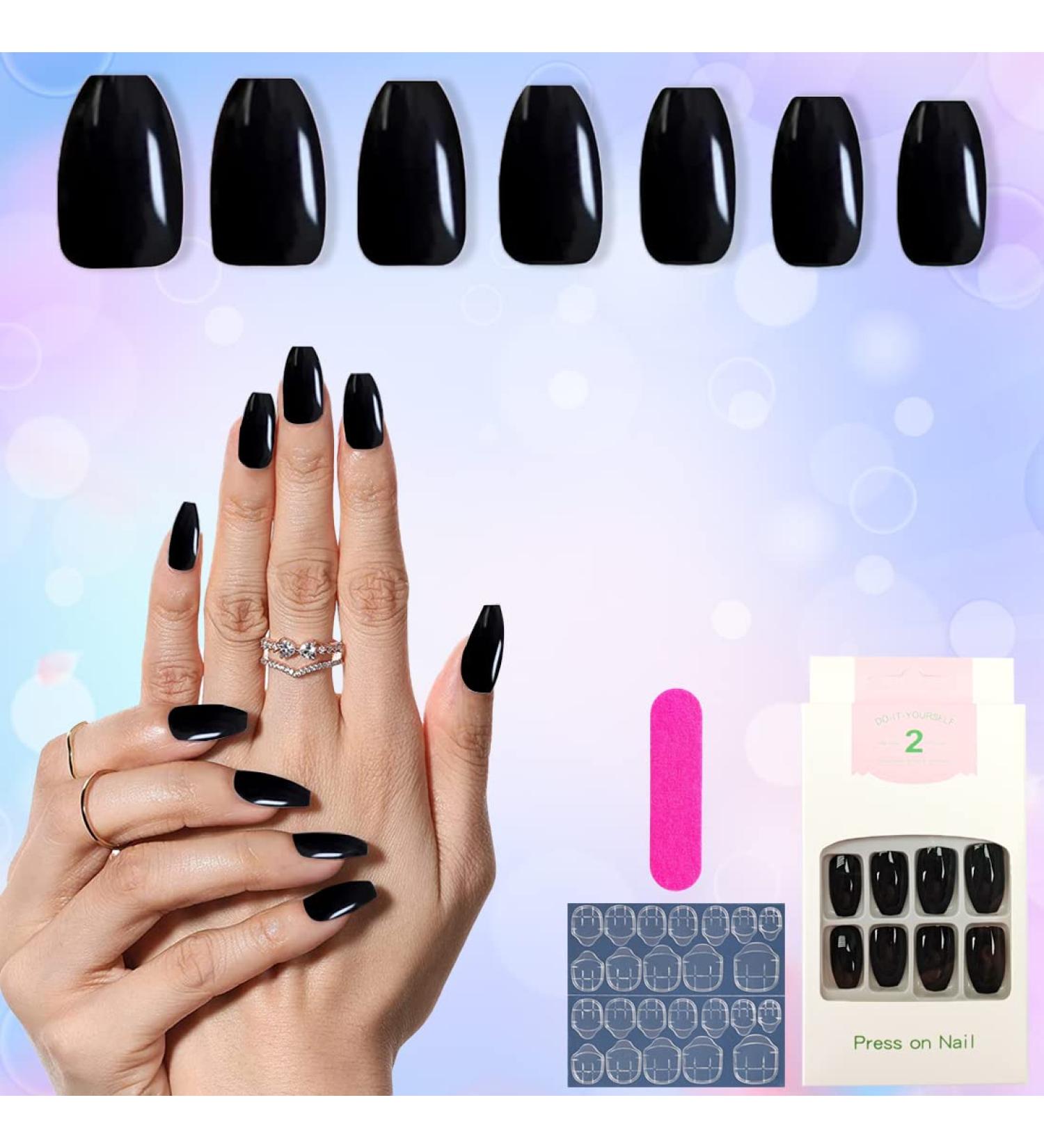 24 Shiny Black Coffin Press On Nails - Medium Length Full-Surface Artificial Nail Tips for Daily Use - Buy Online on GoSupps.com