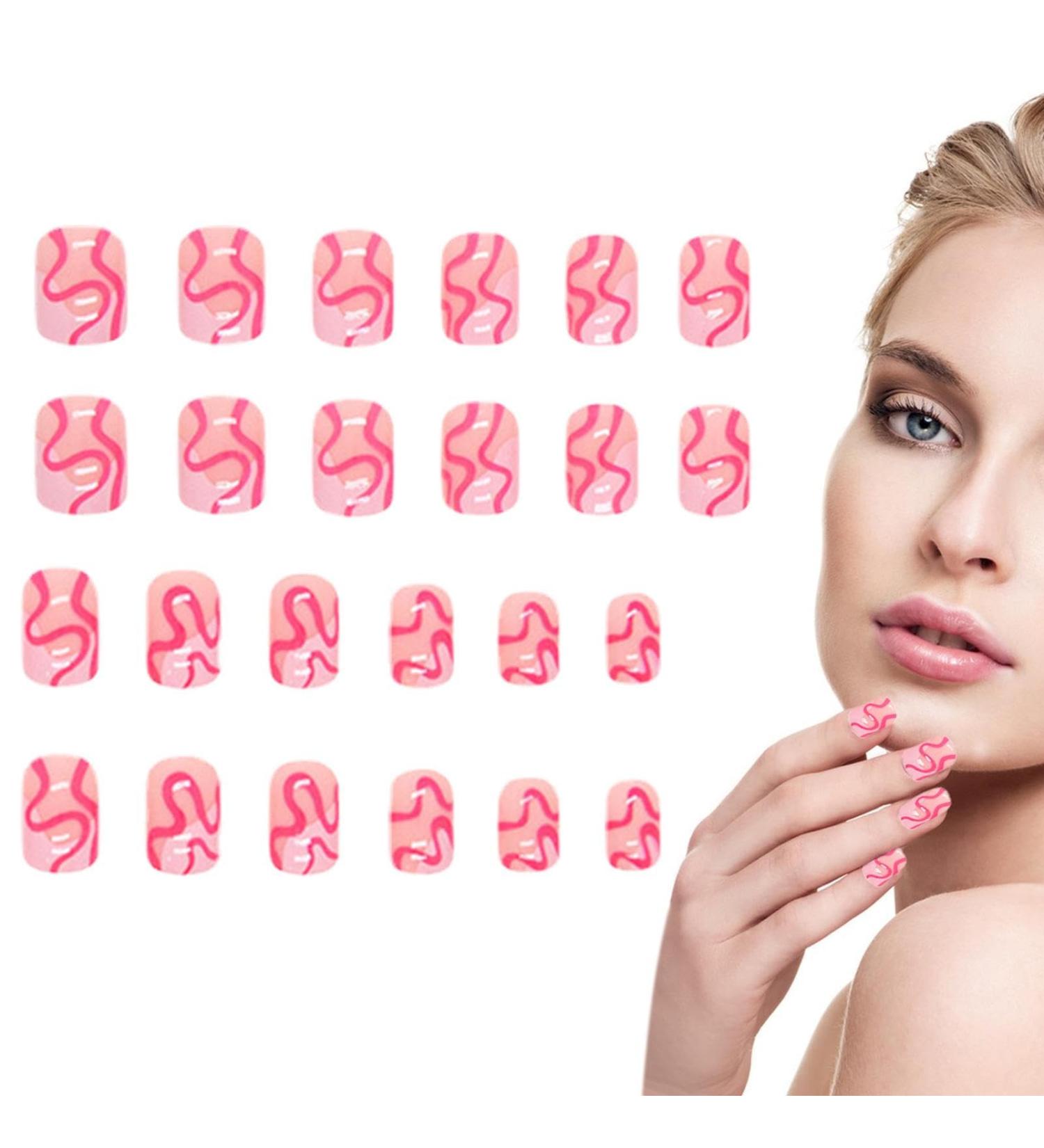 Short False Nails Pink White Pink Short False Nails Cute Curve Design Stick On Nails Glue On Colorful Square Short Artificial Full Stick On Nails - Buy Online on GoSupps.com