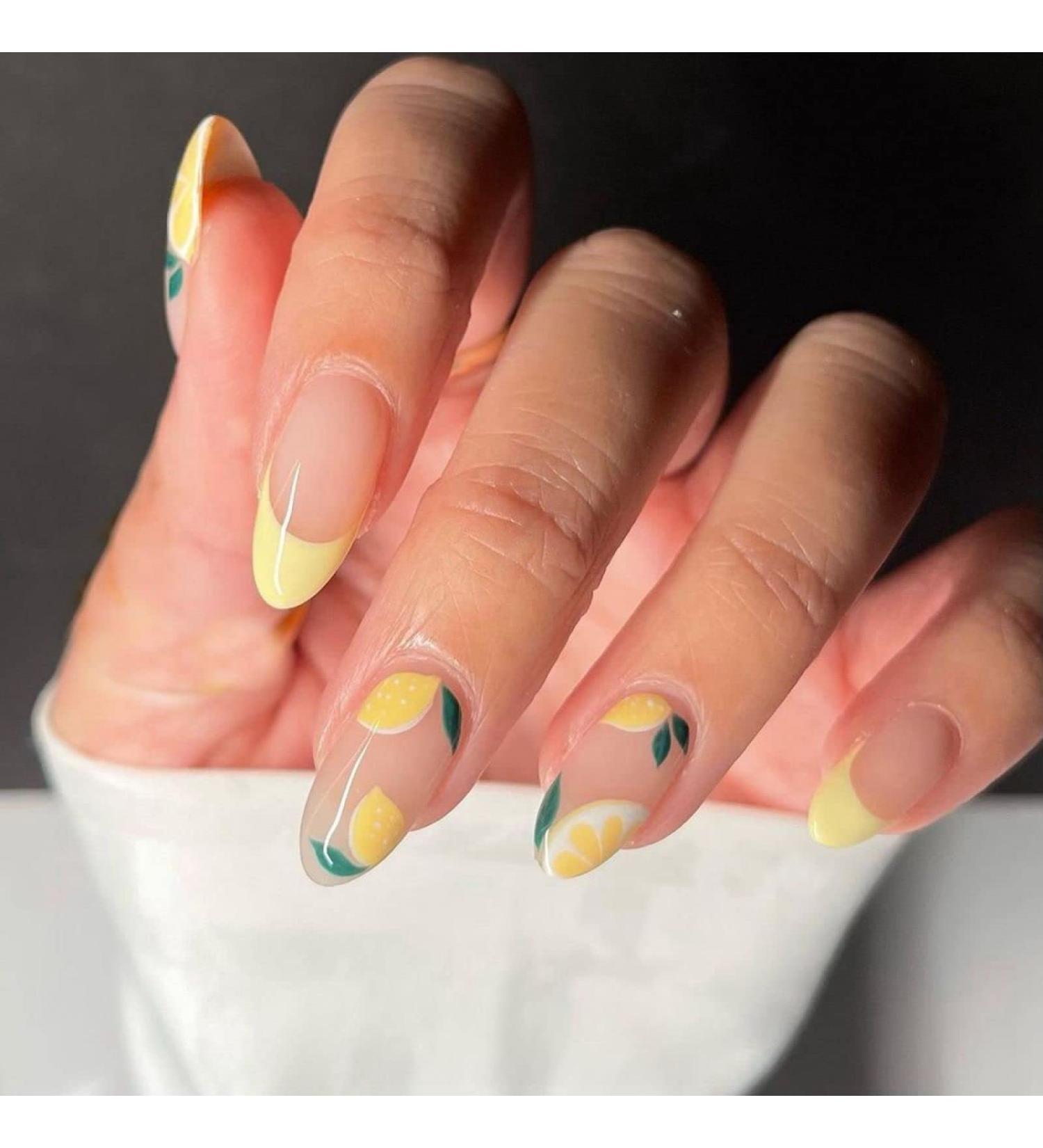 Almond False Nails Simple French Fake Nails Shiny Gold Powder Geometric Line Full Cover Nail Tips Set Press On Nails with Design c6