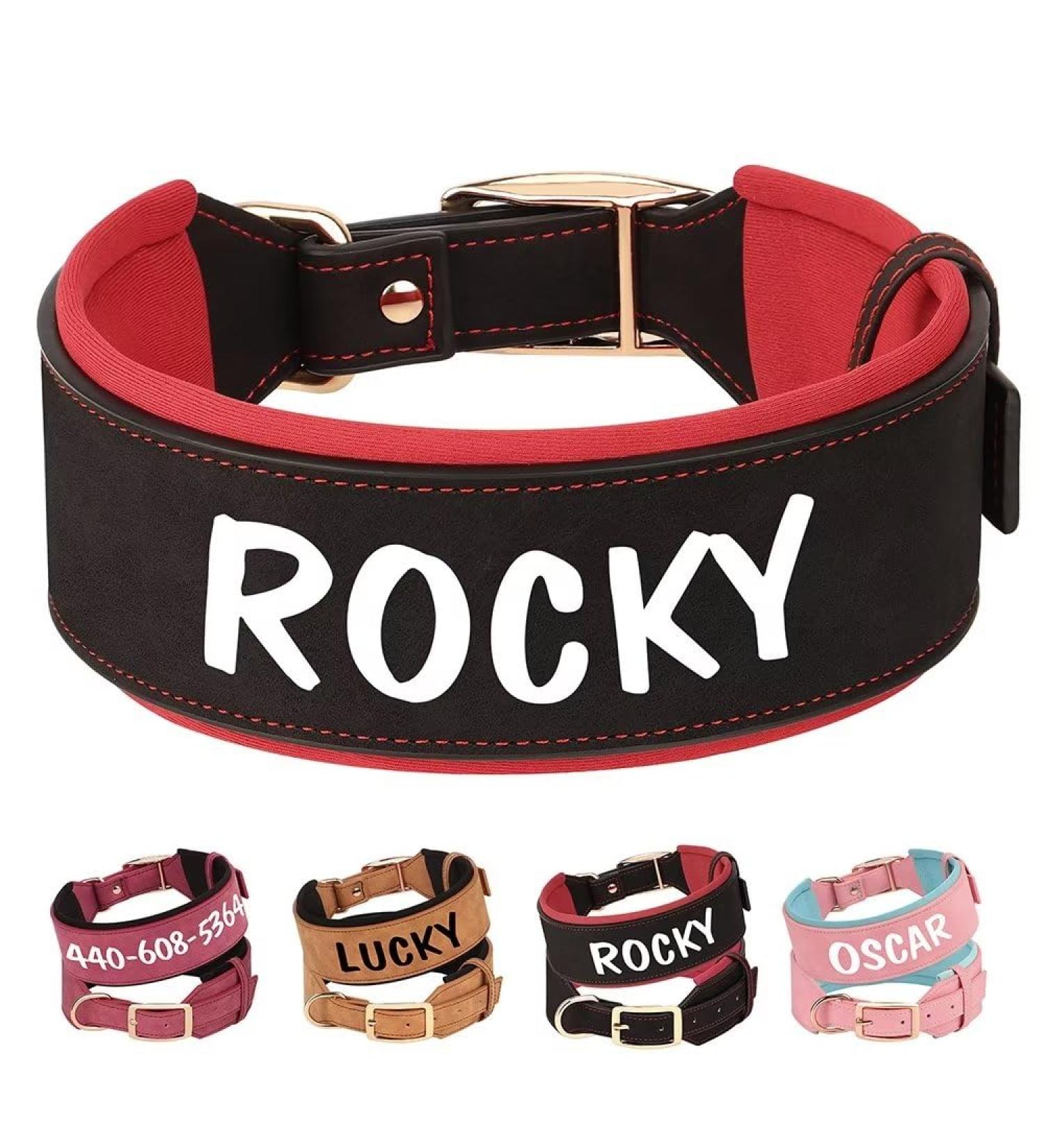 Personalized PU Leather Dog Collar for Big Dogs | Soft Padded XL Rottweiler & Mastiff | Custom Name Black Neck 48-58cm - Buy Online on GoSupps.com