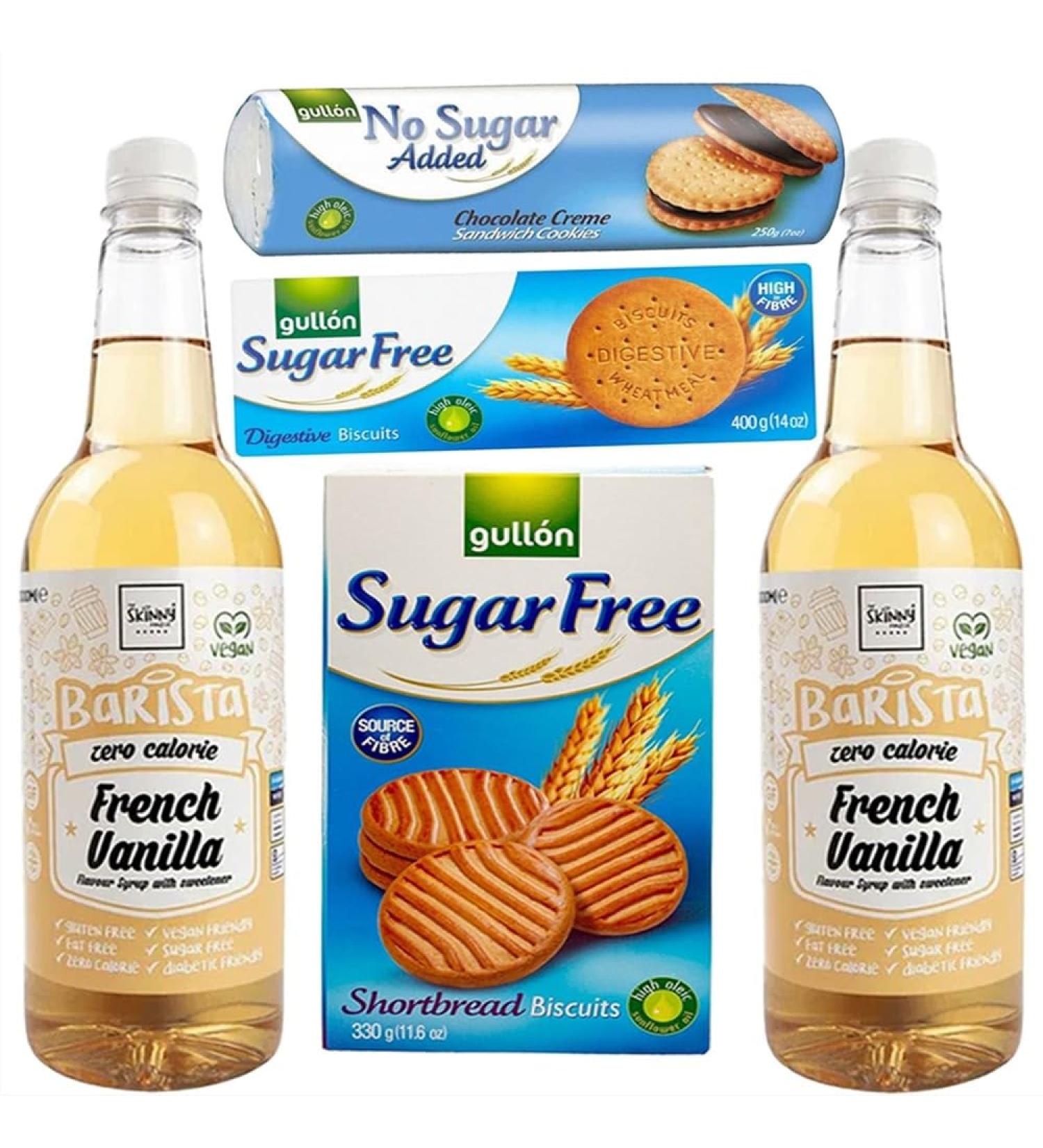 ZERO CALORIE Skinny Syrup (2pack) & Gullon SUGAR FREE Biscuits 250g 330g 400g BUNDLE - French Vanilla 1L x 2 bottles - Sugar Free Gluten Free Fat Free Vegan Friendly Diabetic Friendly