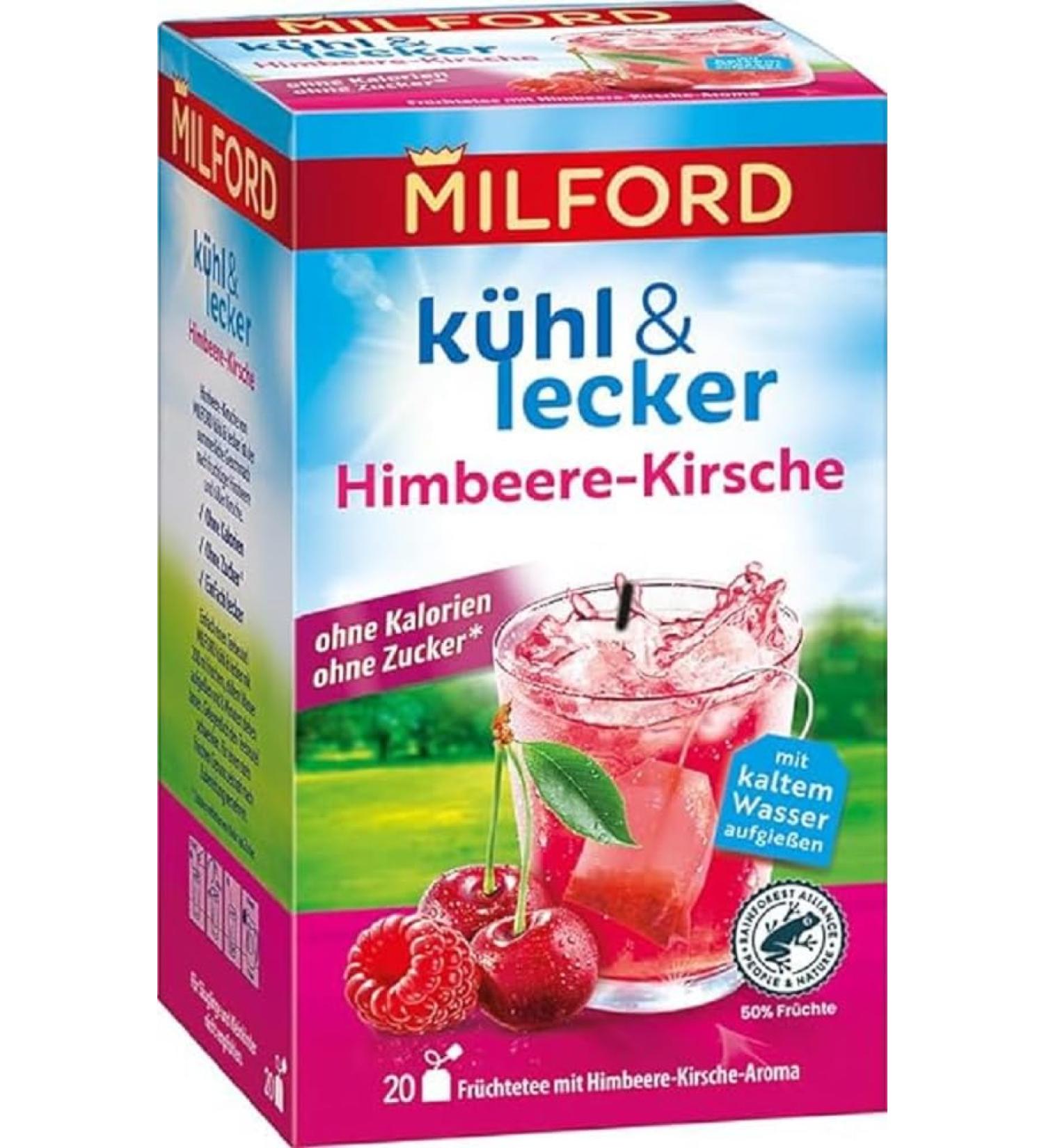 Milford Raspberry Cherry Tea - Zero Calories Sugar-Free Vegan Lactose-Free Gluten-Free | 20 Bags | 50g - Buy Online on GoSupps.com