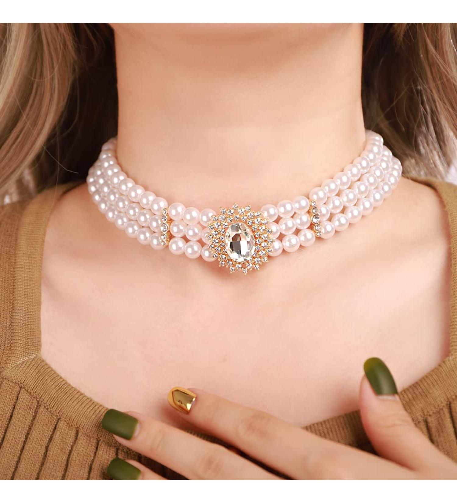 Vintage 1920s Pearl Necklace with Crystal Beads - Bridal Multi Layer Jewelry for Women & Girls - Buy Online on GoSupps.com