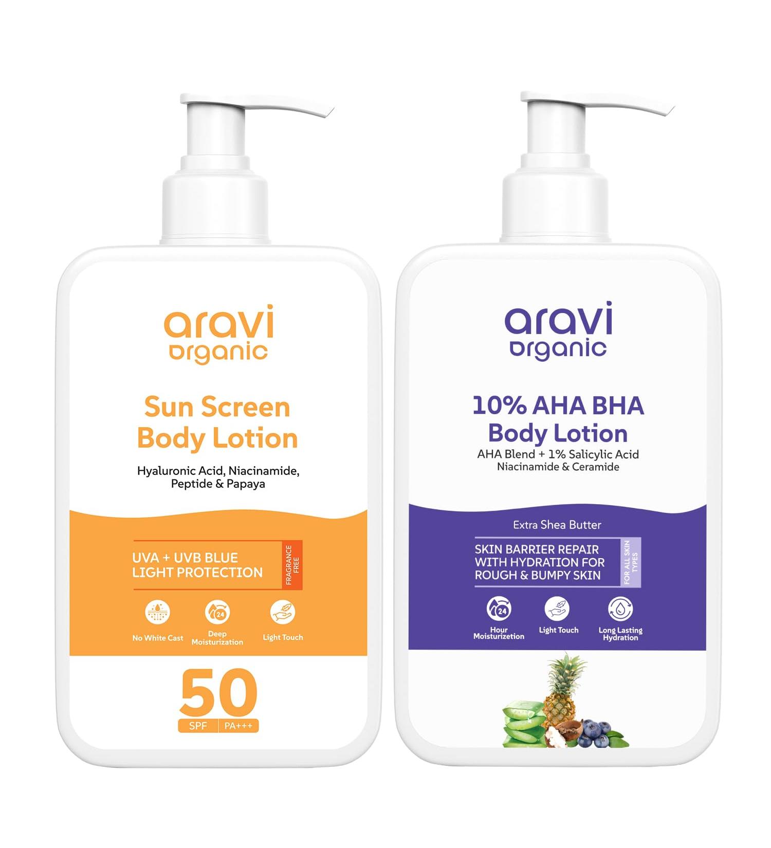 Aravi Organic De-Tan Body Lotion Combo | AHA BHA Body Lotion for Skin Renewal & SPF 50 PA++++ Sunscreen for Tan Protection | Hydrating Formula | For Men & Women | 200ml - Buy Online on GoSupps.com