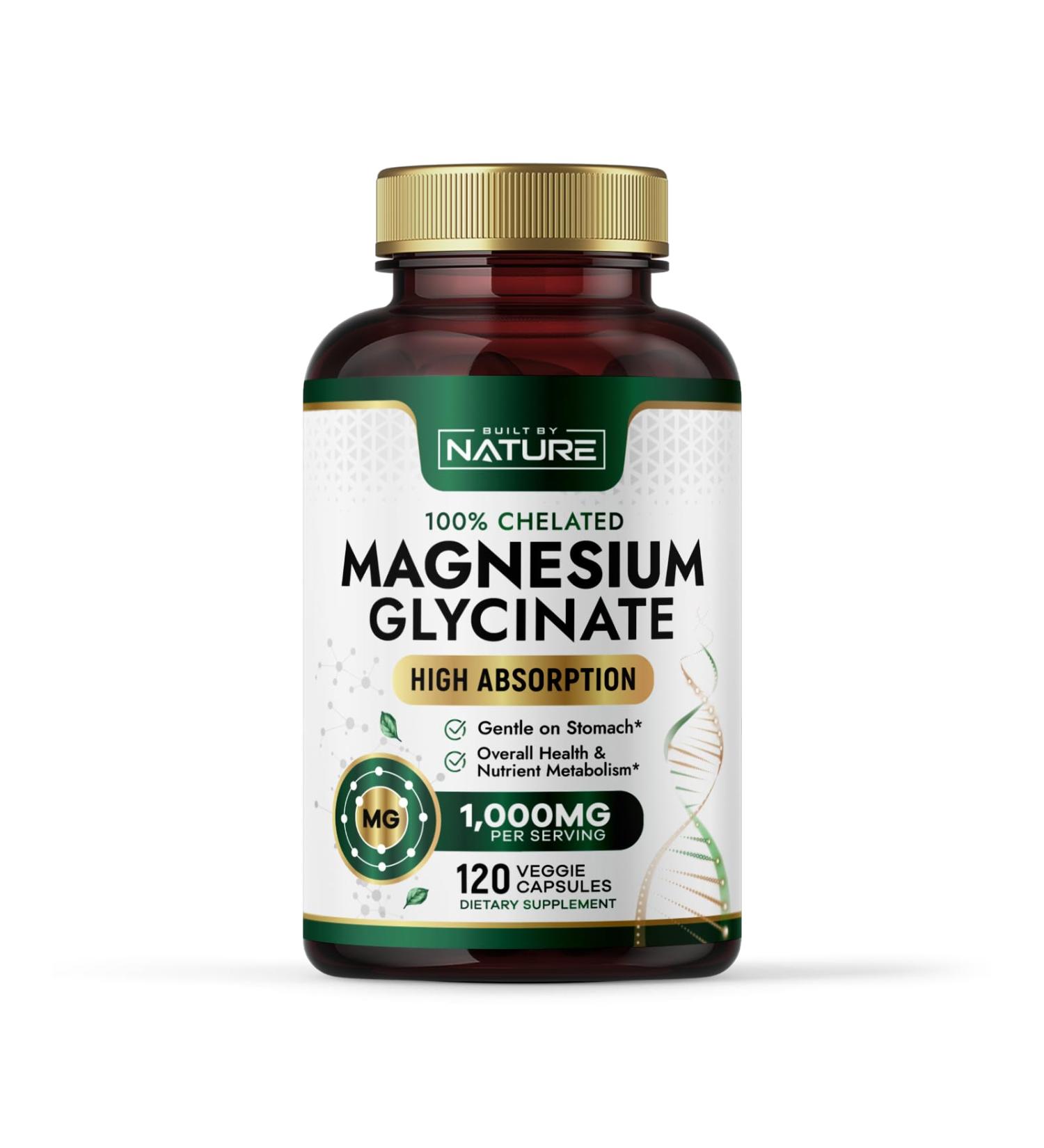 Built By Nature Magnesium Glycinate 1000mg High Absorption Magnesium Supplement 100% Chelated Gentle on Stomach - Muscle Heart Bone & Relaxation Support - Non-GMO Vegan - 120 Capsules 120 Count (Pack of 1) - Buy Online on GoSupps.com