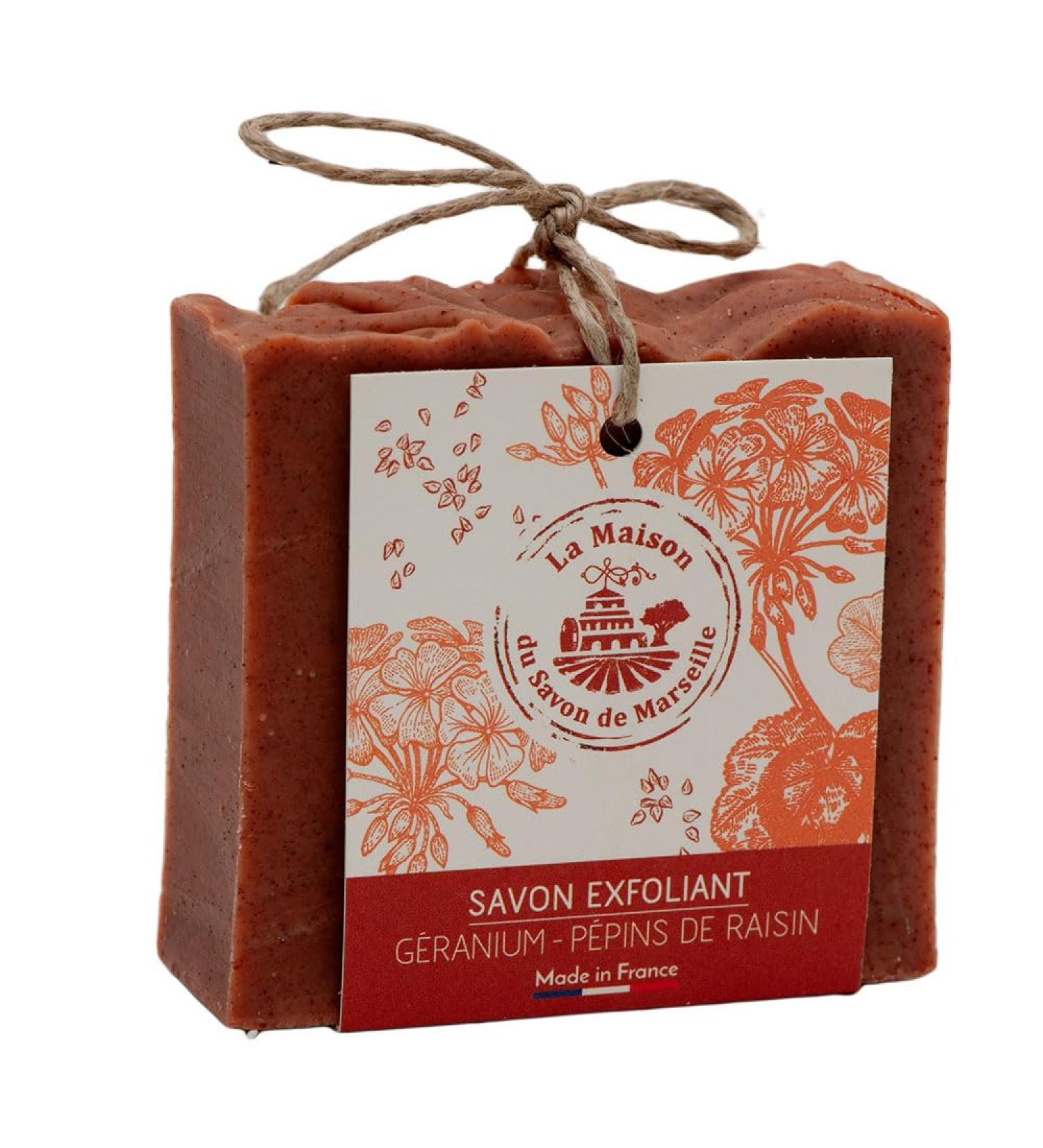 Maison du Savon de Marseille French facial and body scrub cold processed natural soap made with olive oil and enriched with geranium and grape seeds palm oil free 100 g - Buy Online on GoSupps.com