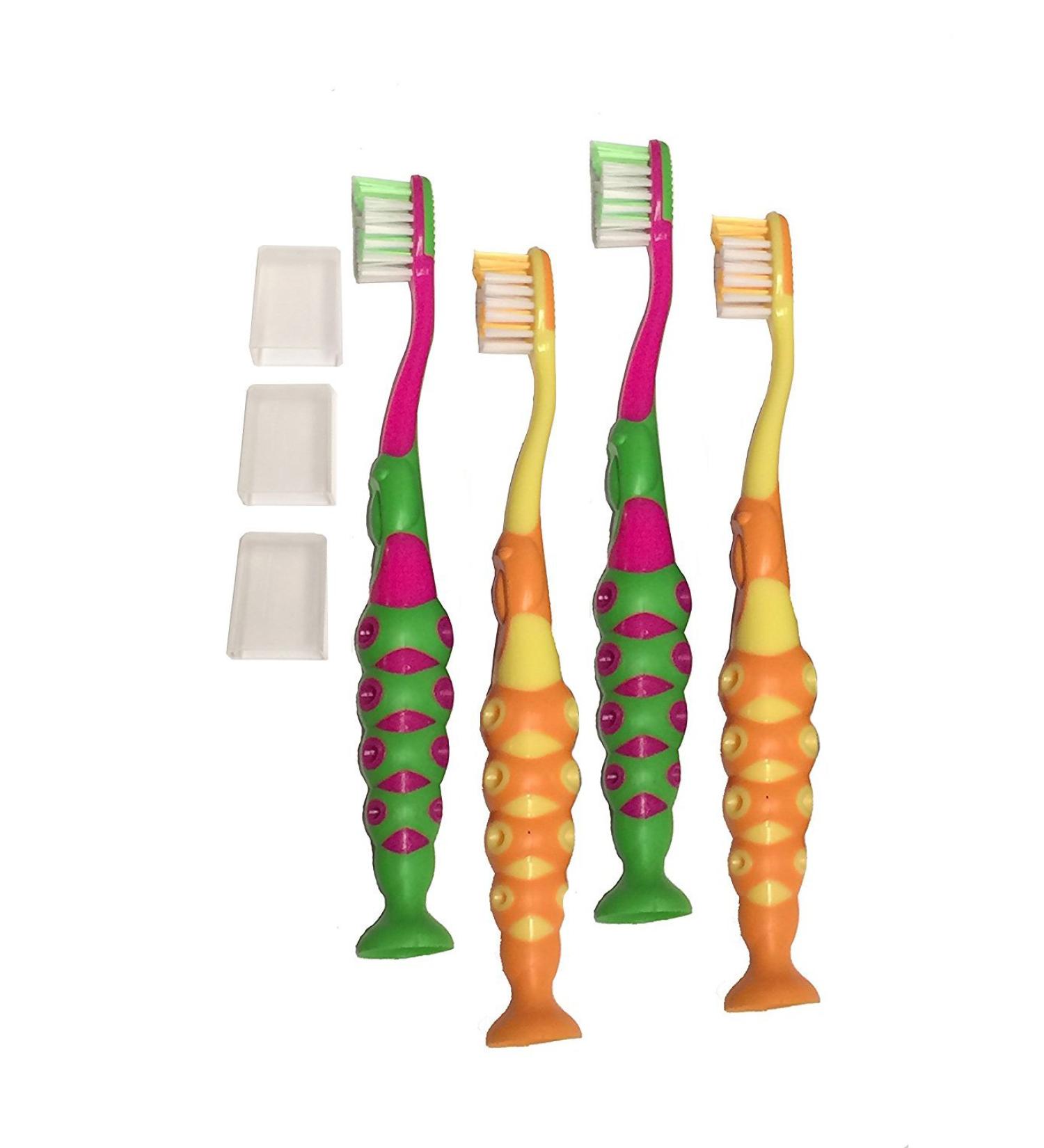 4-Pack of Kids Childrens Toddler Girls Boys Extra Soft Bristle Easy Grip Training Suction Base BPA Free Toothbrush Set w/Travel Dust Covers