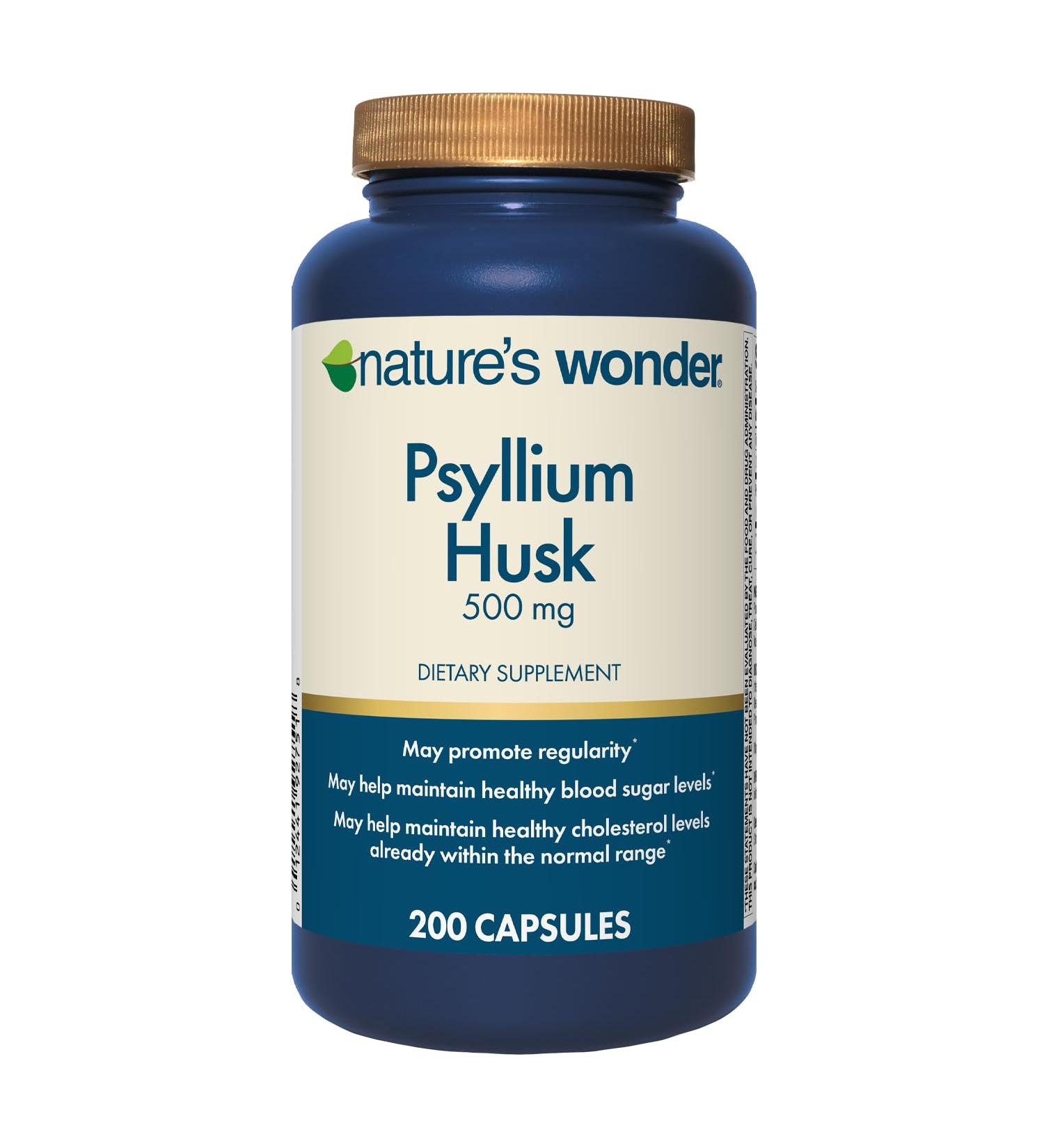 Nature's Wonder Psyllium Husk 500 mg Capsules for Digestive Health Plant-Based Fiber 200 Count - Buy Online on GoSupps.com