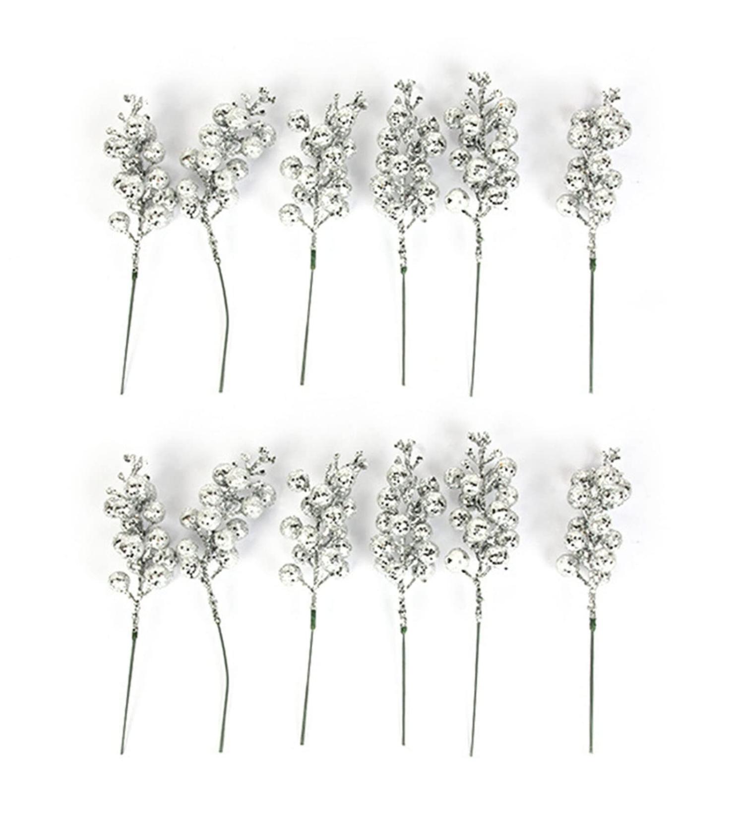 12 Glitter Silver Artificial Berry Stems for Christmas Tree & Spring Decorations - Perfect Craft Picks for Holiday Vacations - Buy Online on GoSupps.com
