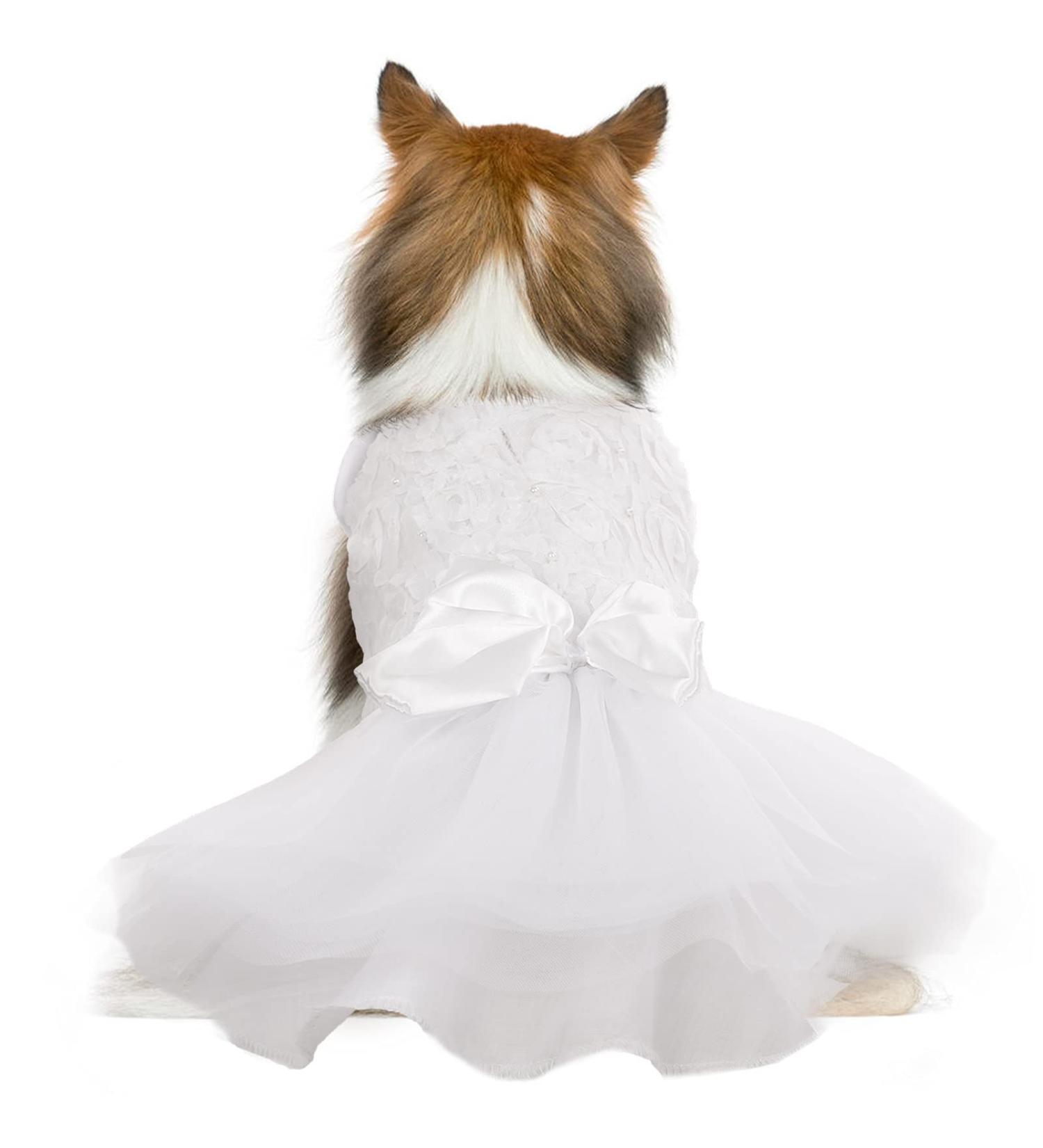 Dog White Princess Dress with Bowknot & Rose Decor - Medium Tutu Skirt for Small/Medium Girl Dogs - Formal & Sweet Summer Apparel for Wedding Party - Pet Lace Costume - Buy Online on GoSupps.com