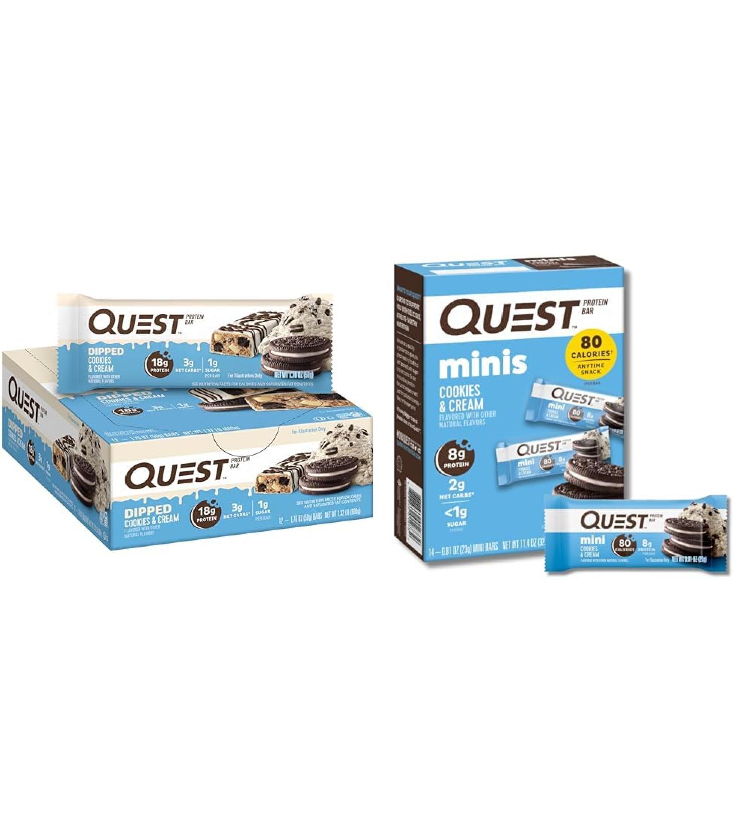 Quest Dipped Cookies & Cream and Mini Cookies & Cream Protein Bars Bundle 12 and 14 Count