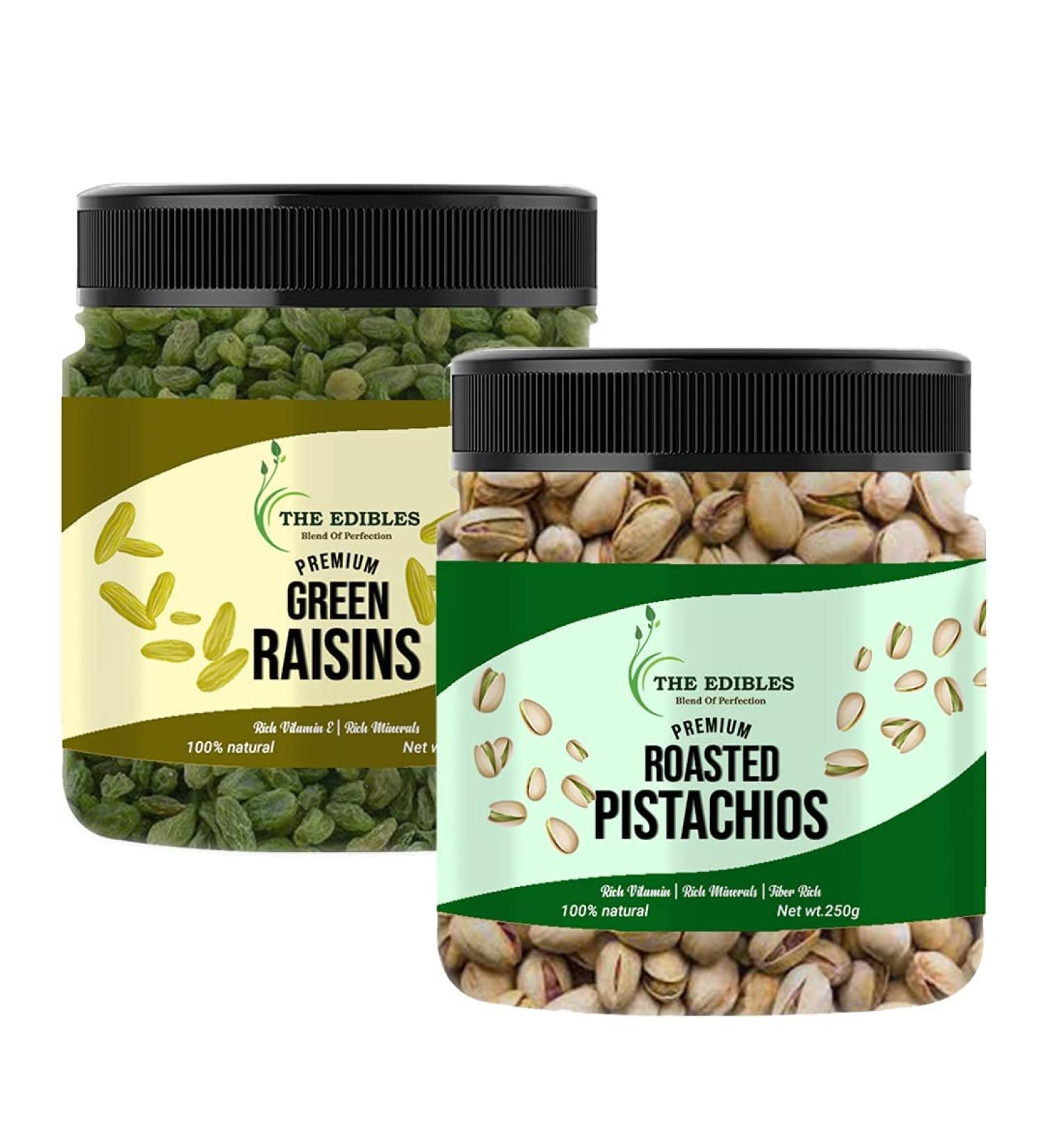 THE EDIBLES Combo Pack of Green Raisins(Hari Kishmish) 250 gms and Roasted & Salted Pistachio 250 gms Total 500 gms_Packing May Vary - Buy Online on GoSupps.com