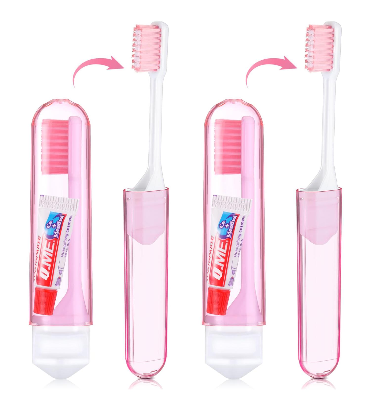 Nuen Portable Soft Toothbrush Set - 2 Mini Foldable Travel Toothbrushes with Toothpaste for Kids & Adults - Pink Camping Essentials - Buy Online on GoSupps.com