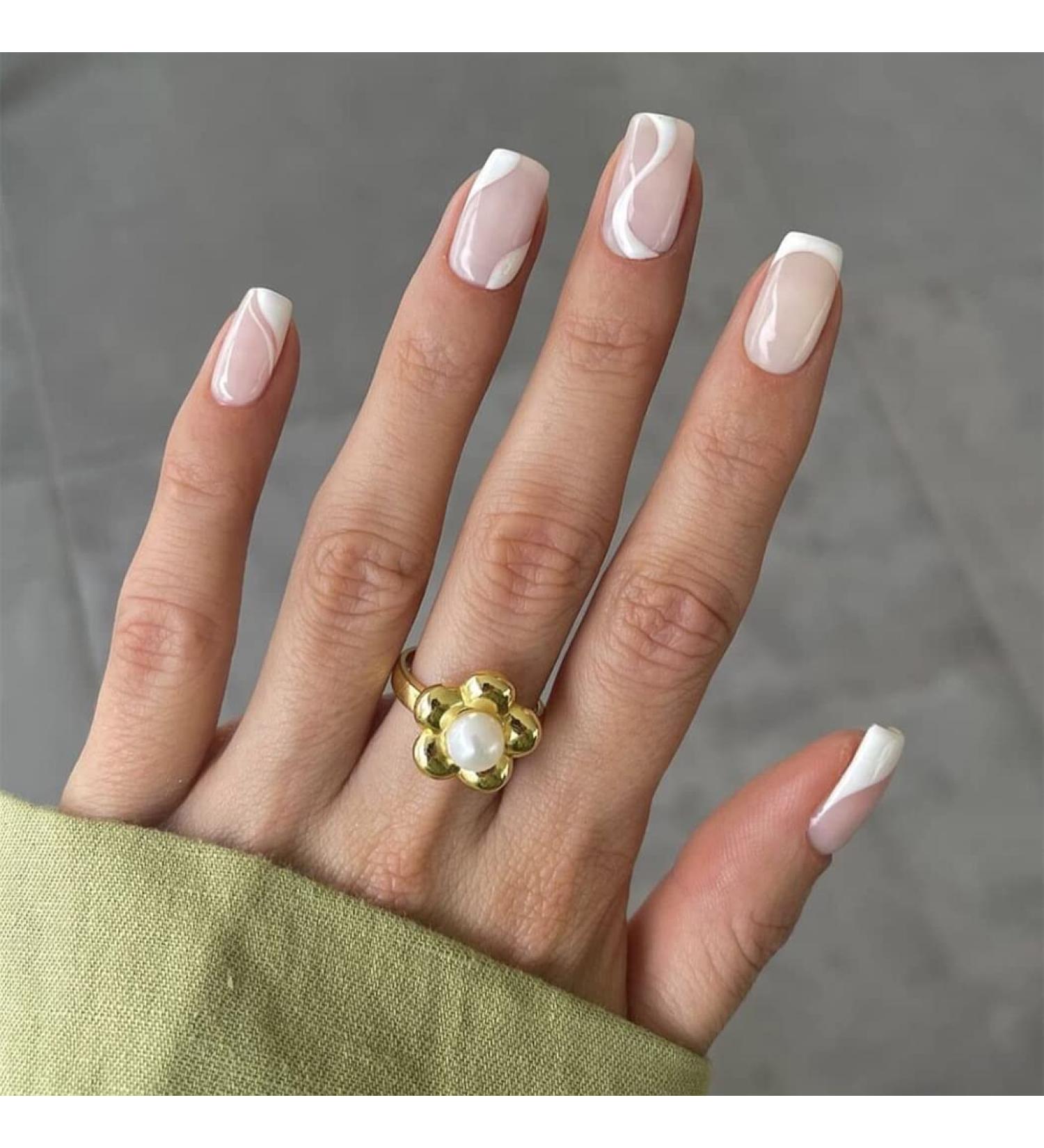 Sethexy French Short Square False Nails Collection - 24Pcs Glossy White Swirl Press on Nails - Buy Online on GoSupps.com