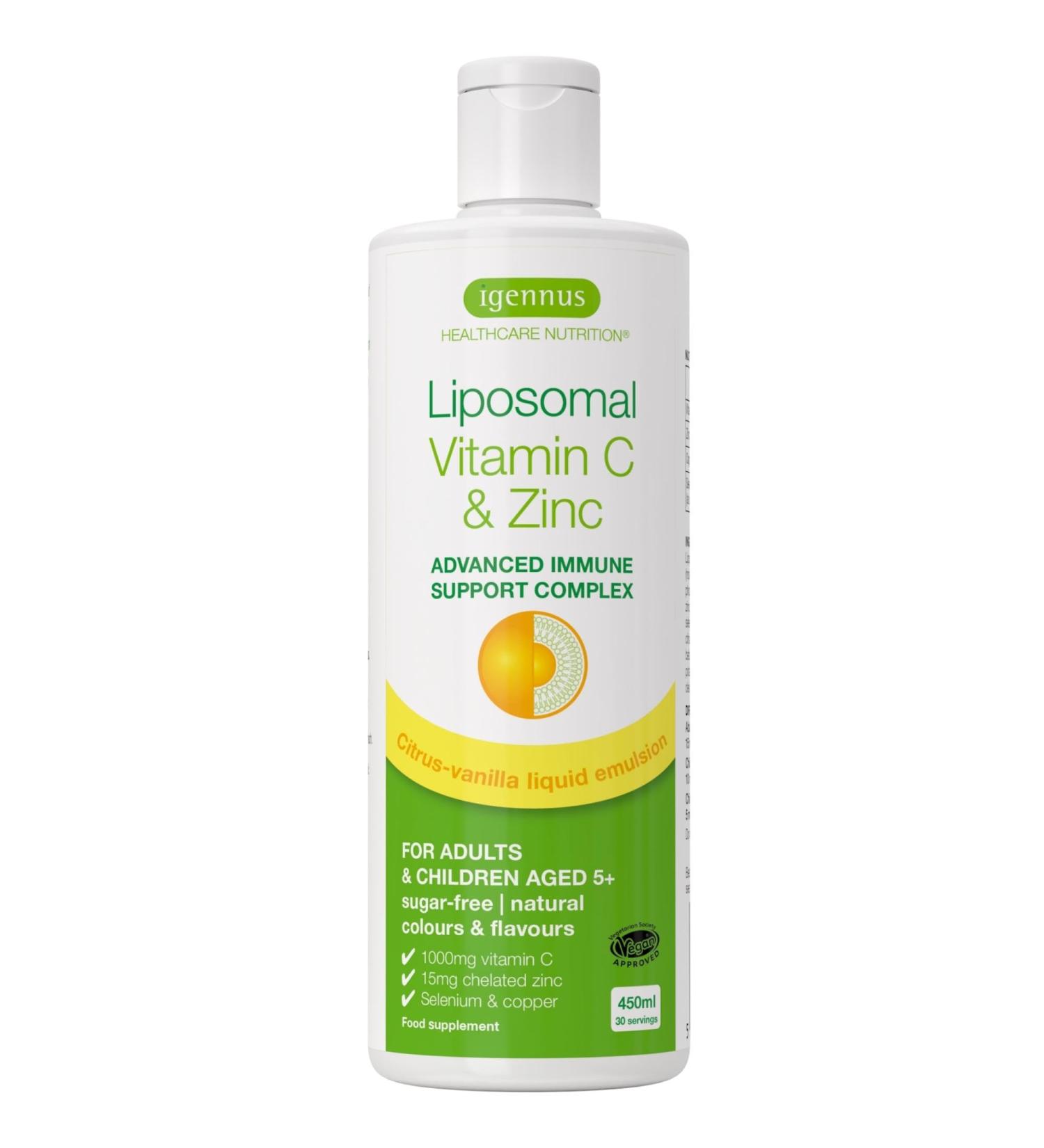 High Absorption Liposomal Vitamin C 1000mg & Zinc Bisglycinate Liquid Immune Support | Sugar-Free Citrus Vanilla Flavour | Adults & Kids | Igennus - Buy Online on GoSupps.com