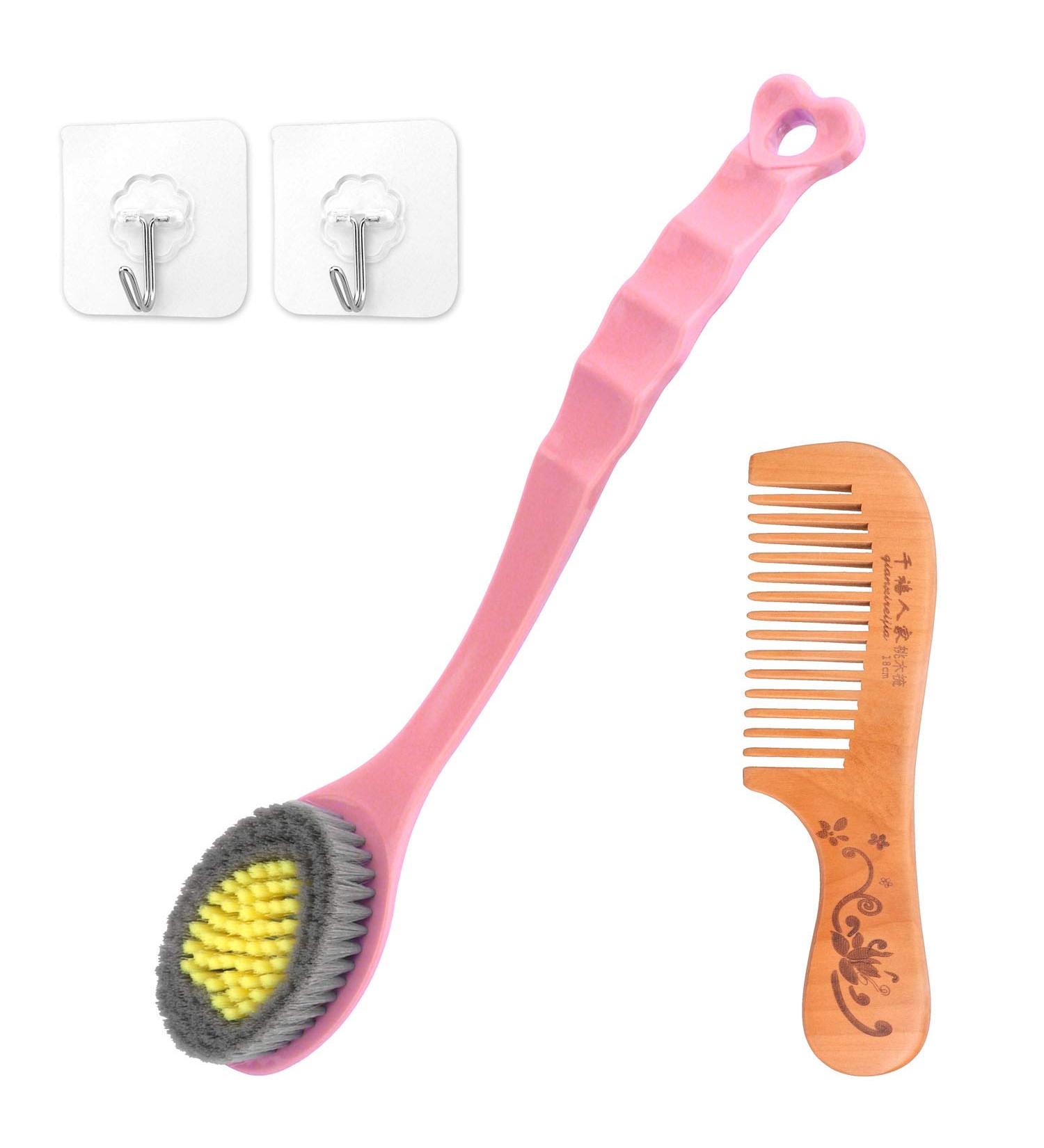 Body Brush for Cellulite & Lymphatic Drainage, Exfoliating Long Handle Back Scrubber with Soft/Stiff Bristles for Health & Beauty - Includes Premium Wooden Comb - Pink - Buy Online on GoSupps.com