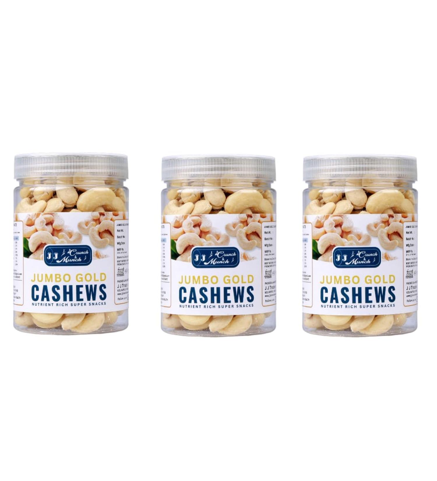 J J Crunch & Munch Whole Unsalted jumbo size w180 Goan Cashew 100% Natural Great for Fresh Roasting Cooking or Baking (Pure natural sweet taste of India) 250gm Pack of 3 Jar - Buy Online on GoSupps.com