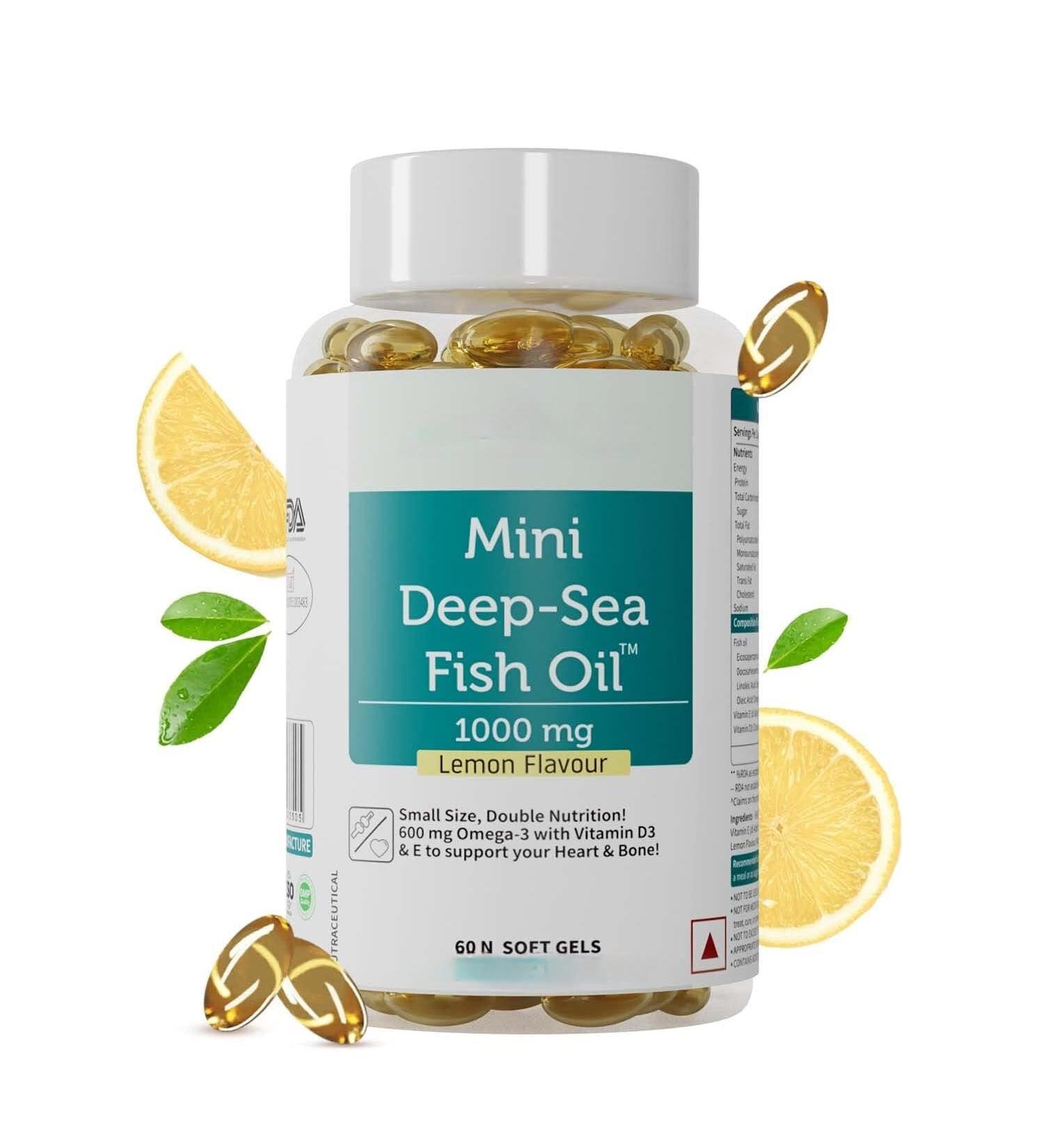 Generic Fish Oil 1000 mg with Lemon Flavour- 2X Omega 3 360mg EPA & 240mg DHA with Vitamin D3 & E | No Fishy Burps/After Taste Heart Health Support | 60 Softgels (30 Days Supply) - Buy Online on GoSupps.com