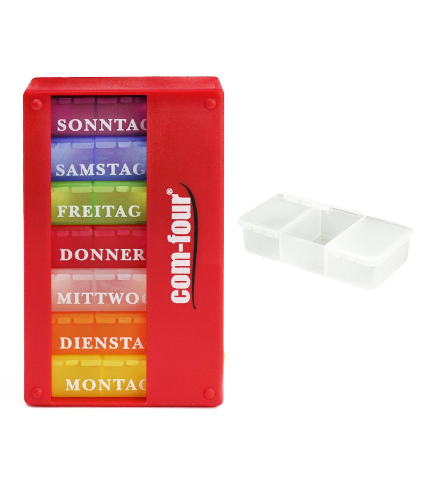 Com-Four 7-Day Drug Doser Box - Weekly Pill Organizer with 3 Compartments - Red Medication Storage for Morning Lunch and Evening Doses - International Shipping Available - Buy Online on GoSupps.com