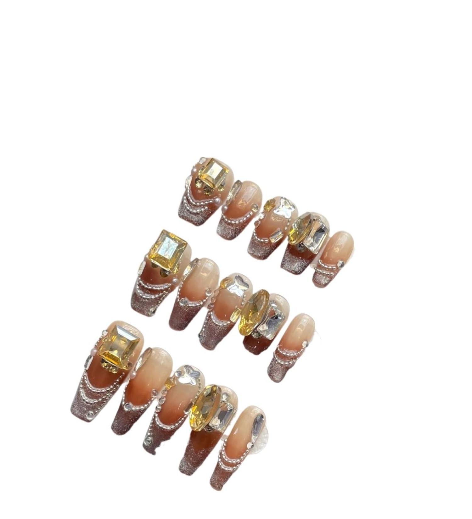 Nail enhancement European and American long ladder French cat eye gradient detachable wearable nails Press on Nail(Gold Short ladder L)